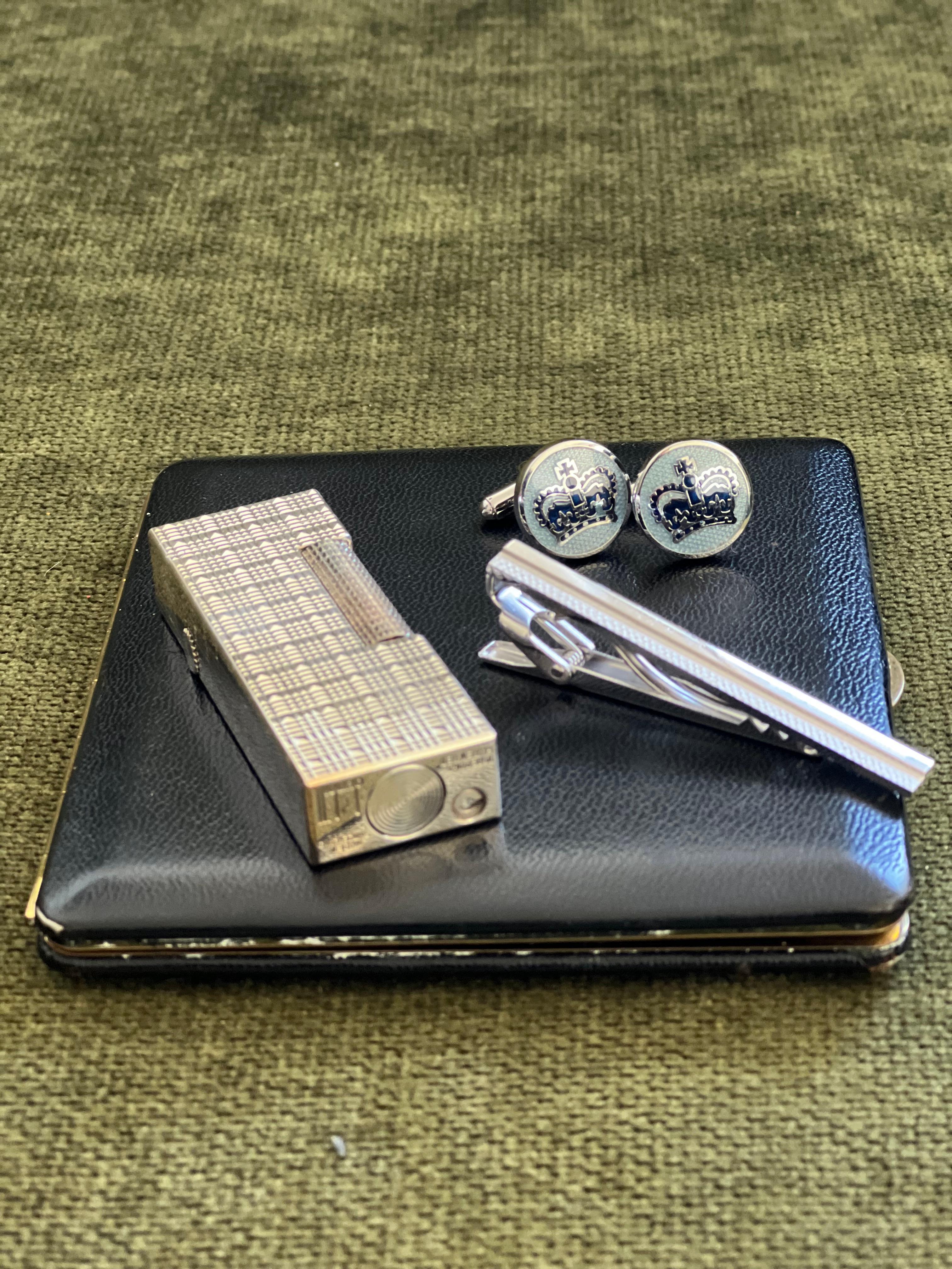 Art Deco Dunhill Cigarette Case & Lighter, Katharine Hamnett Tie Clip & Cufflinks Set For Sale