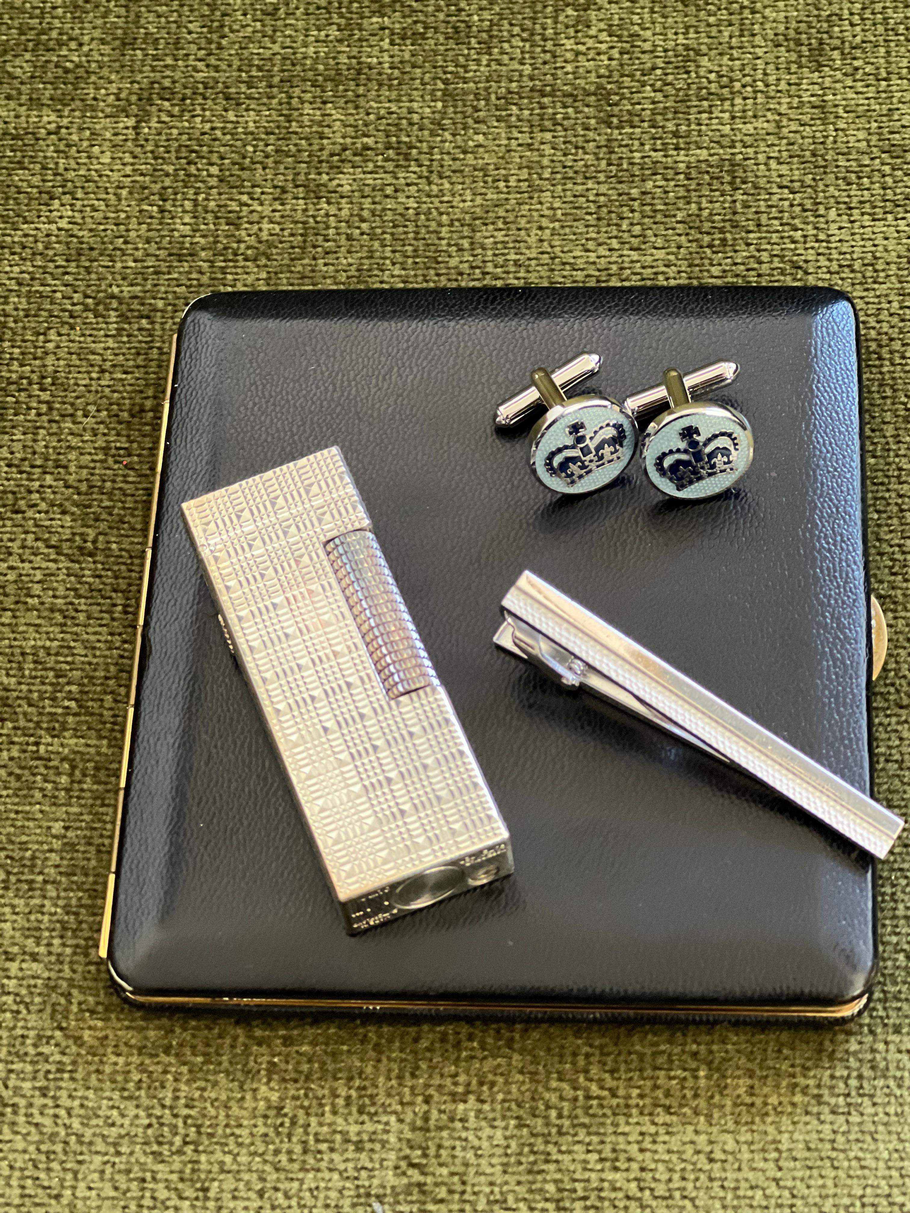 Dunhill Cigarette Case & Lighter, Katharine Hamnett Tie Clip & Cufflinks Set In Excellent Condition For Sale In New York, NY