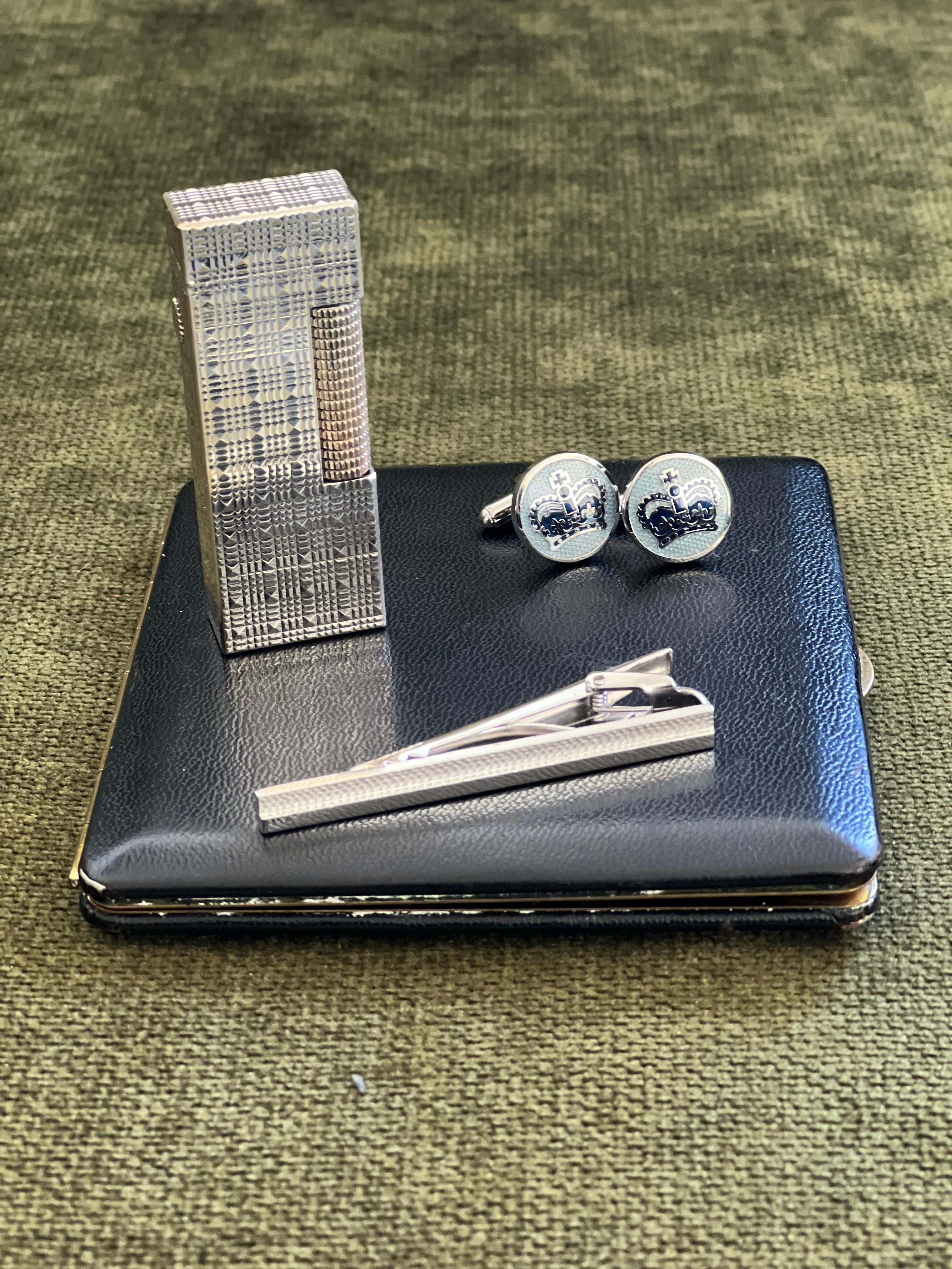 Women's or Men's Dunhill Cigarette Case & Lighter, Katharine Hamnett Tie Clip & Cufflinks Set For Sale