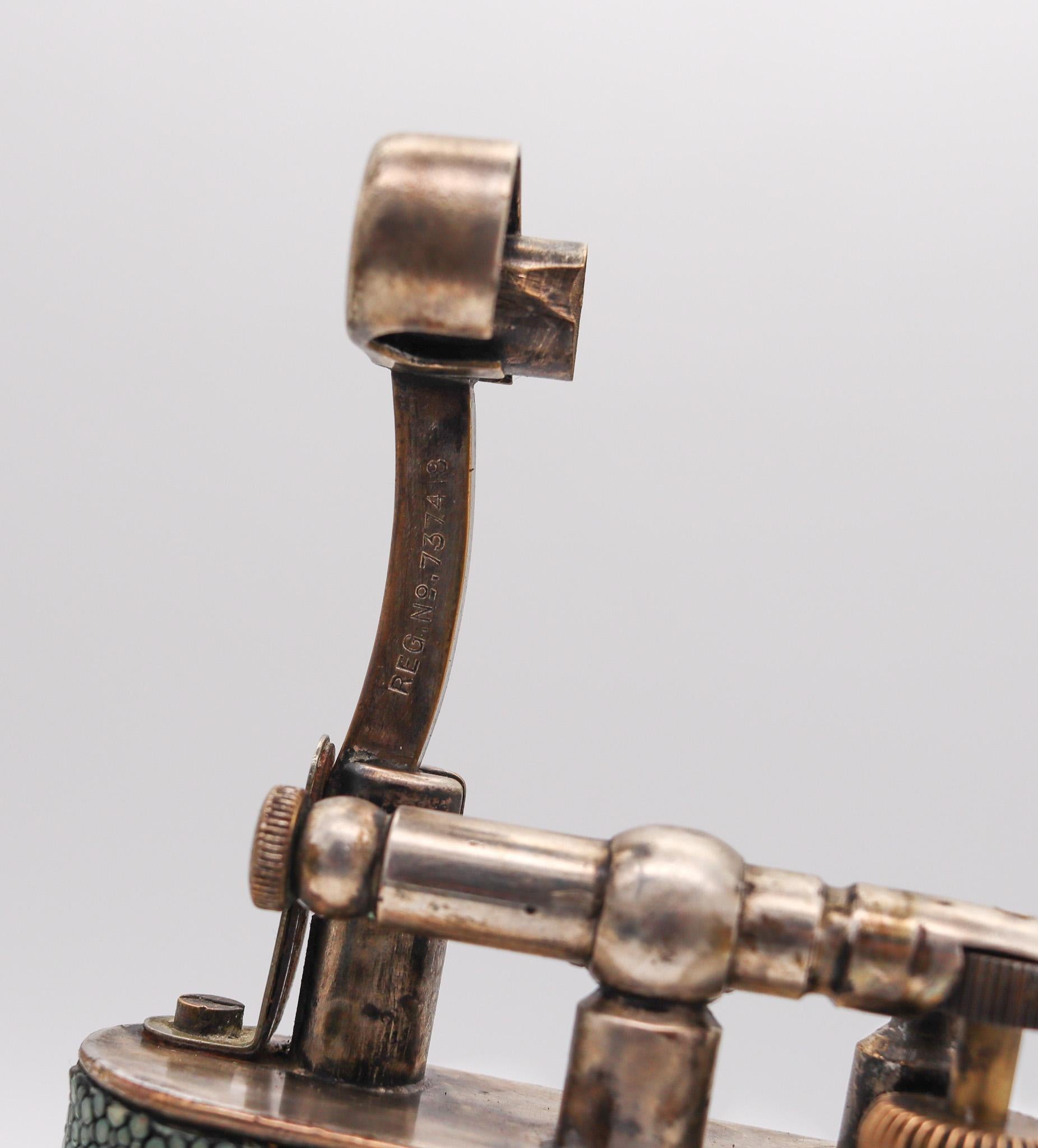 English Dunhill England 1940 Desk Table Unique Lift Arm Petrol Lighter with Shagreen