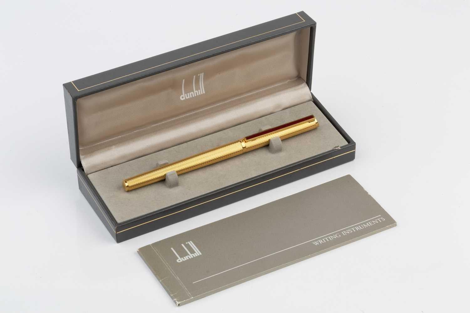 Dunhill Gemline 14k Gold Plated Fountain Pen With An Engine Turned Decoration With Enamel Inset Clip With Original Dunhill Box With Outer Cardboard Sleeve

