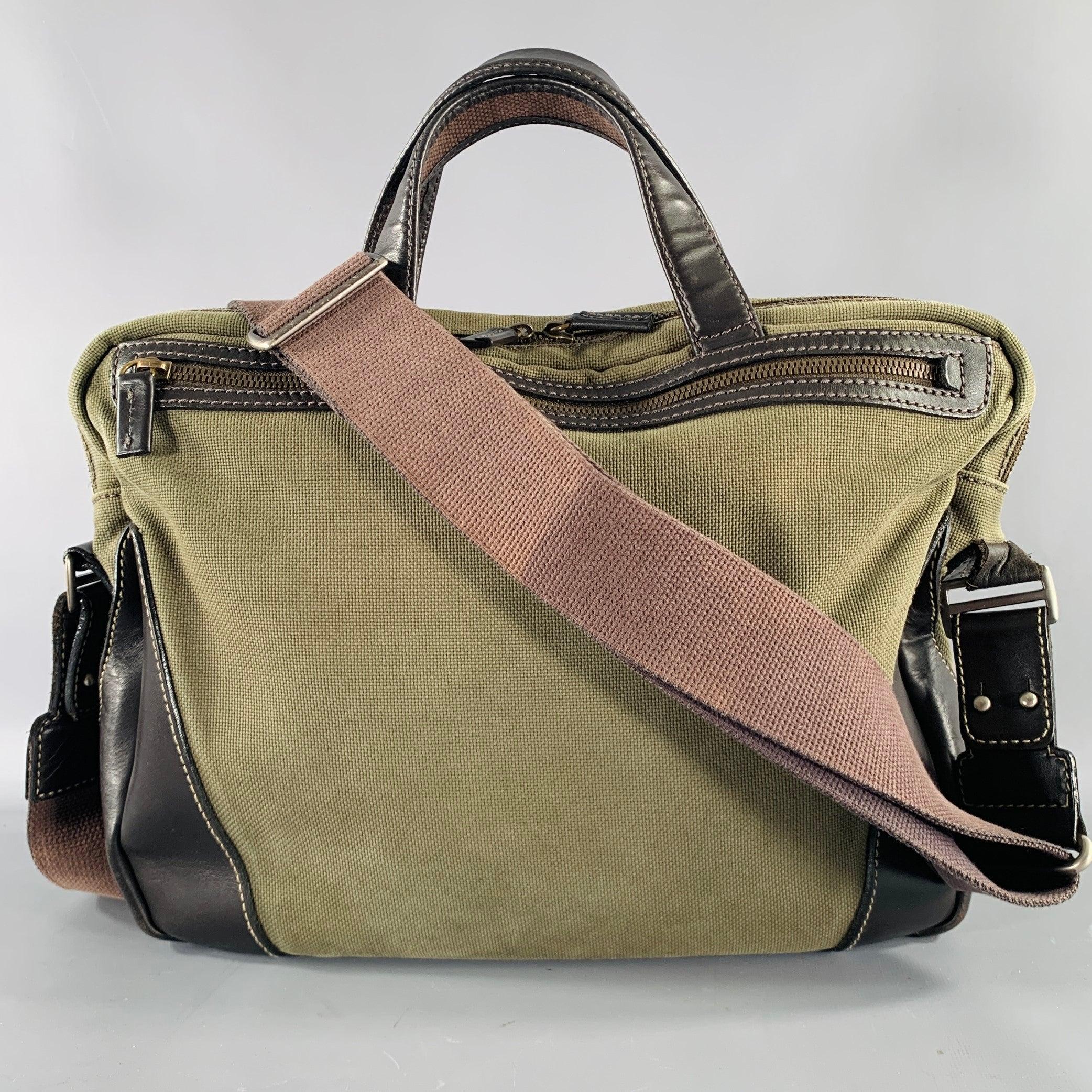 Gray DUNHILL Green Brown Mixed Materials Leather Canvas Messenger Bag For Sale