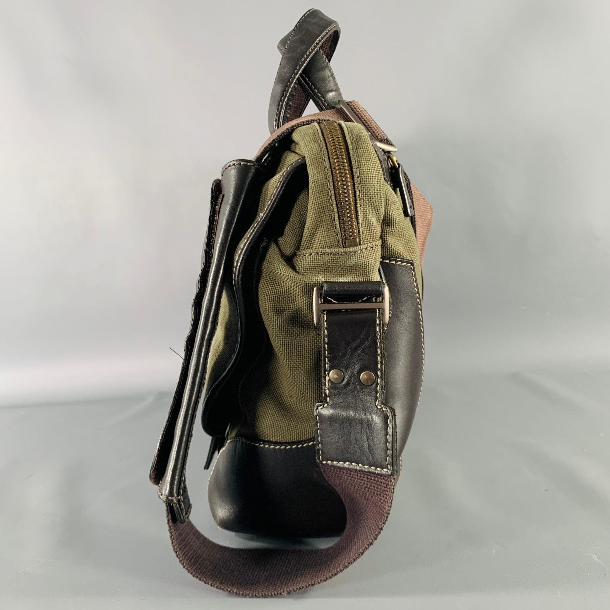DUNHILL Green Brown Mixed Materials Leather Canvas Messenger Bag In Good Condition For Sale In San Francisco, CA