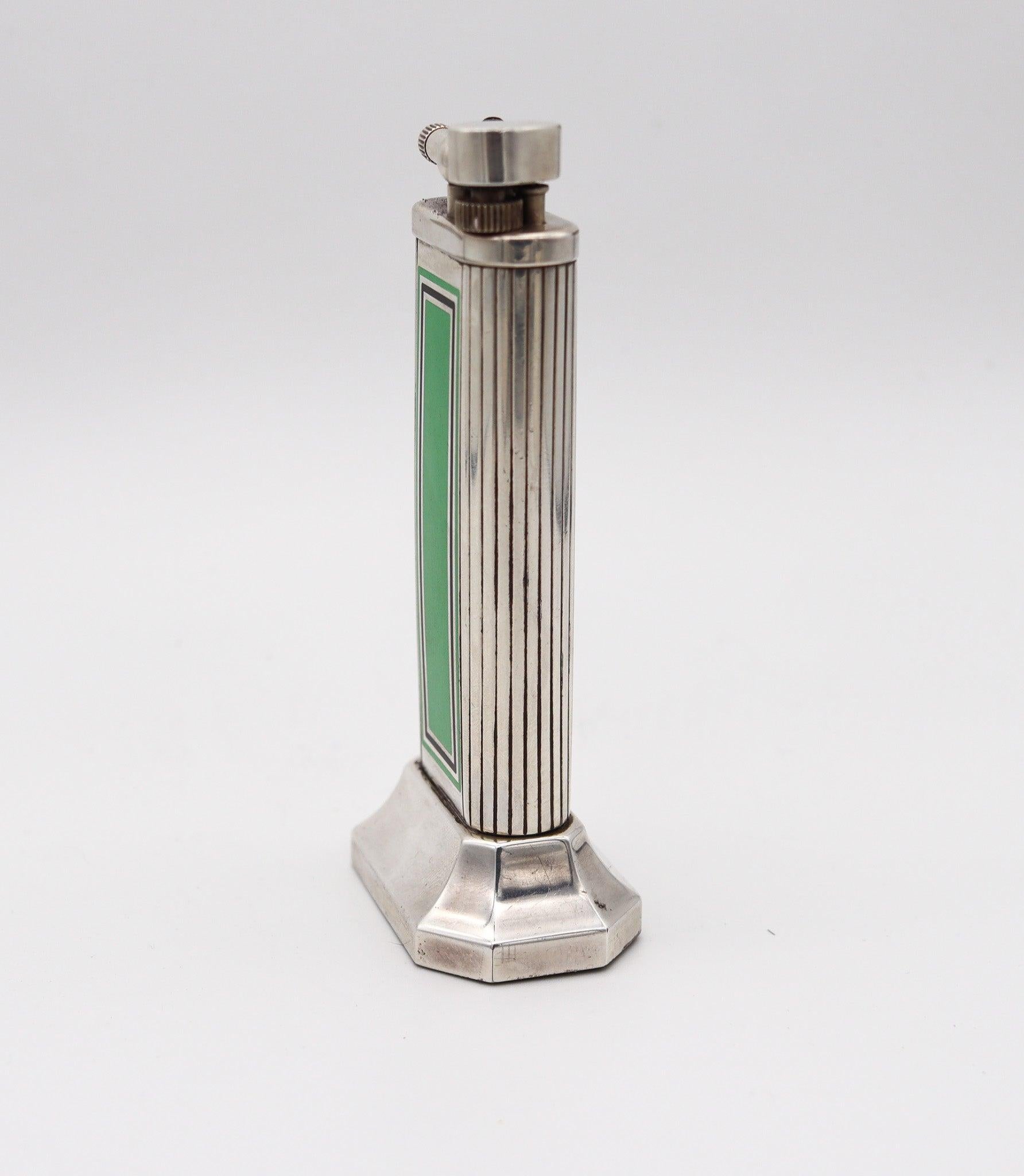 English DUNHILL London Art Deco Green & Black Enamel Desk Lighter In 925 Sterling Silver For Sale