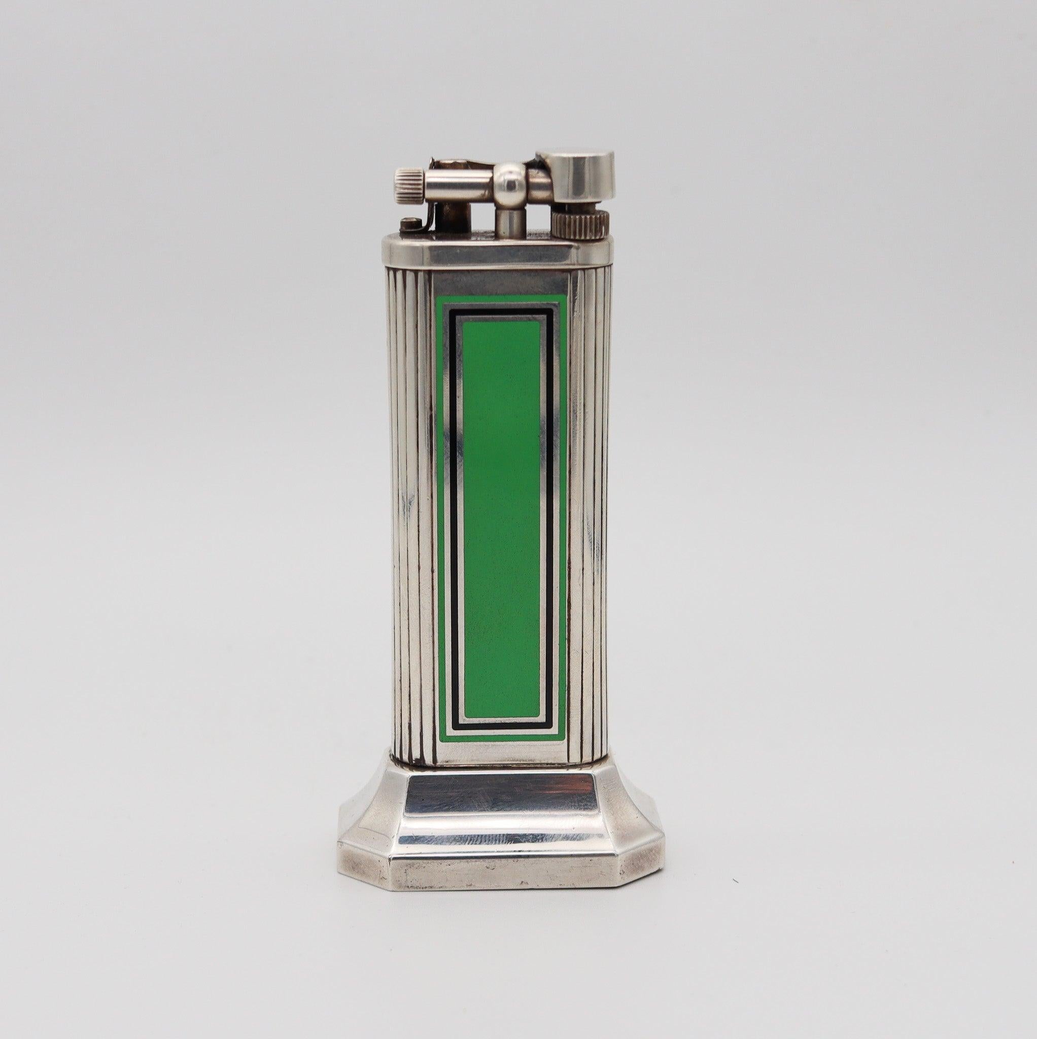 Enameled DUNHILL London Art Deco Green & Black Enamel Desk Lighter In 925 Sterling Silver For Sale