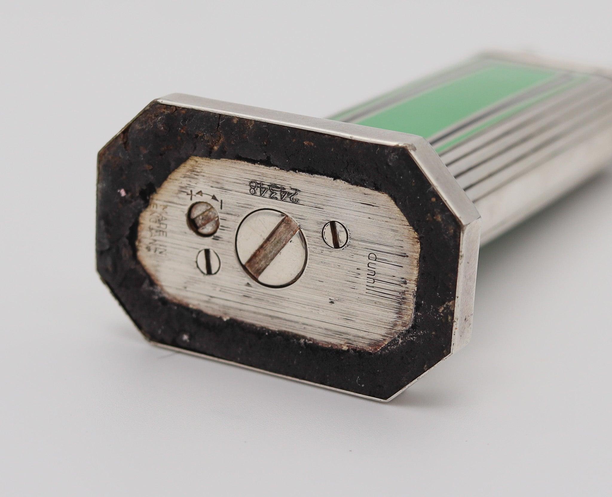 Late 20th Century DUNHILL London Art Deco Green & Black Enamel Desk Lighter In 925 Sterling Silver For Sale