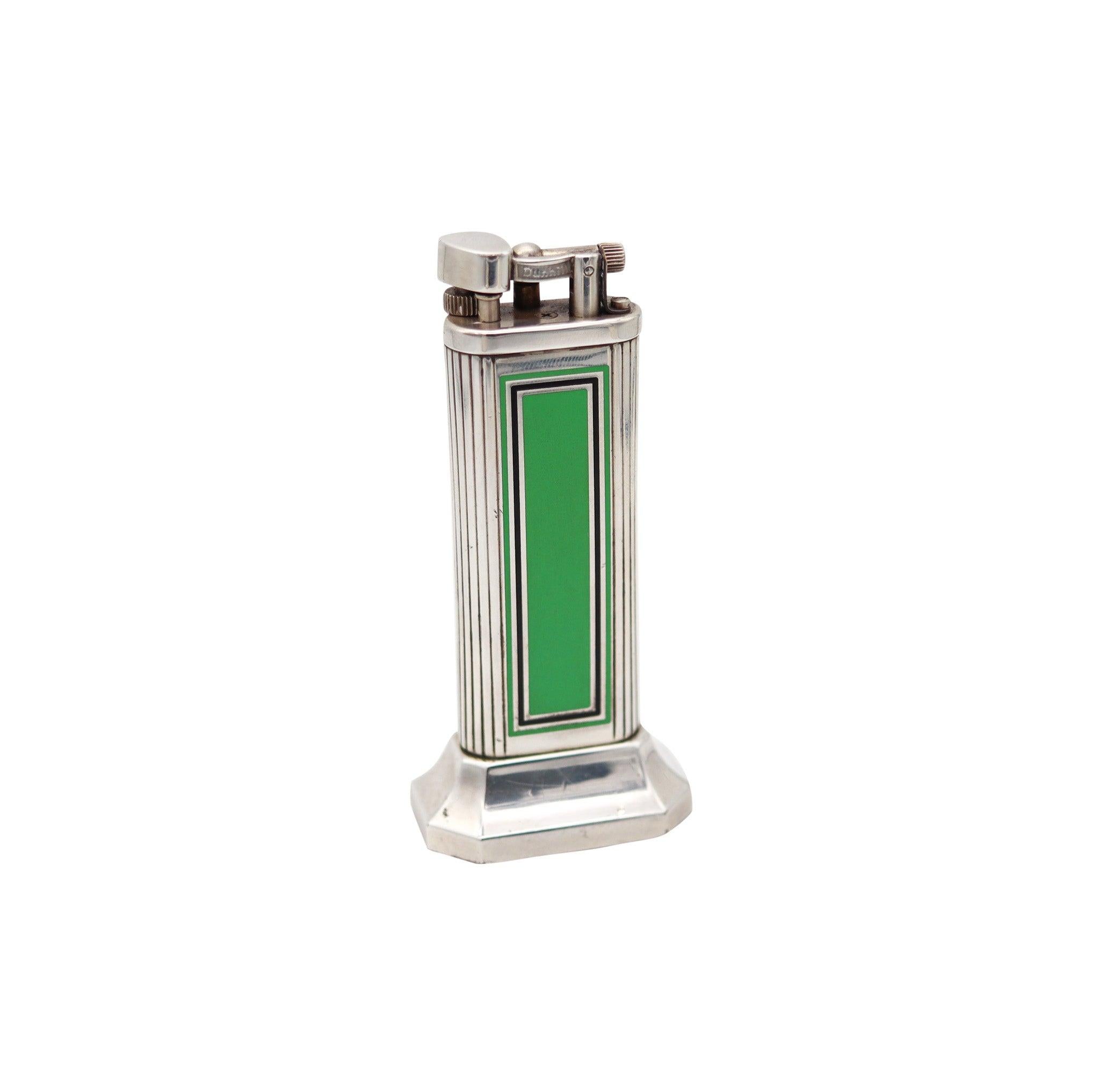 DUNHILL London Art Deco Green & Black Enamel Desk Lighter In 925 Sterling Silver For Sale 1
