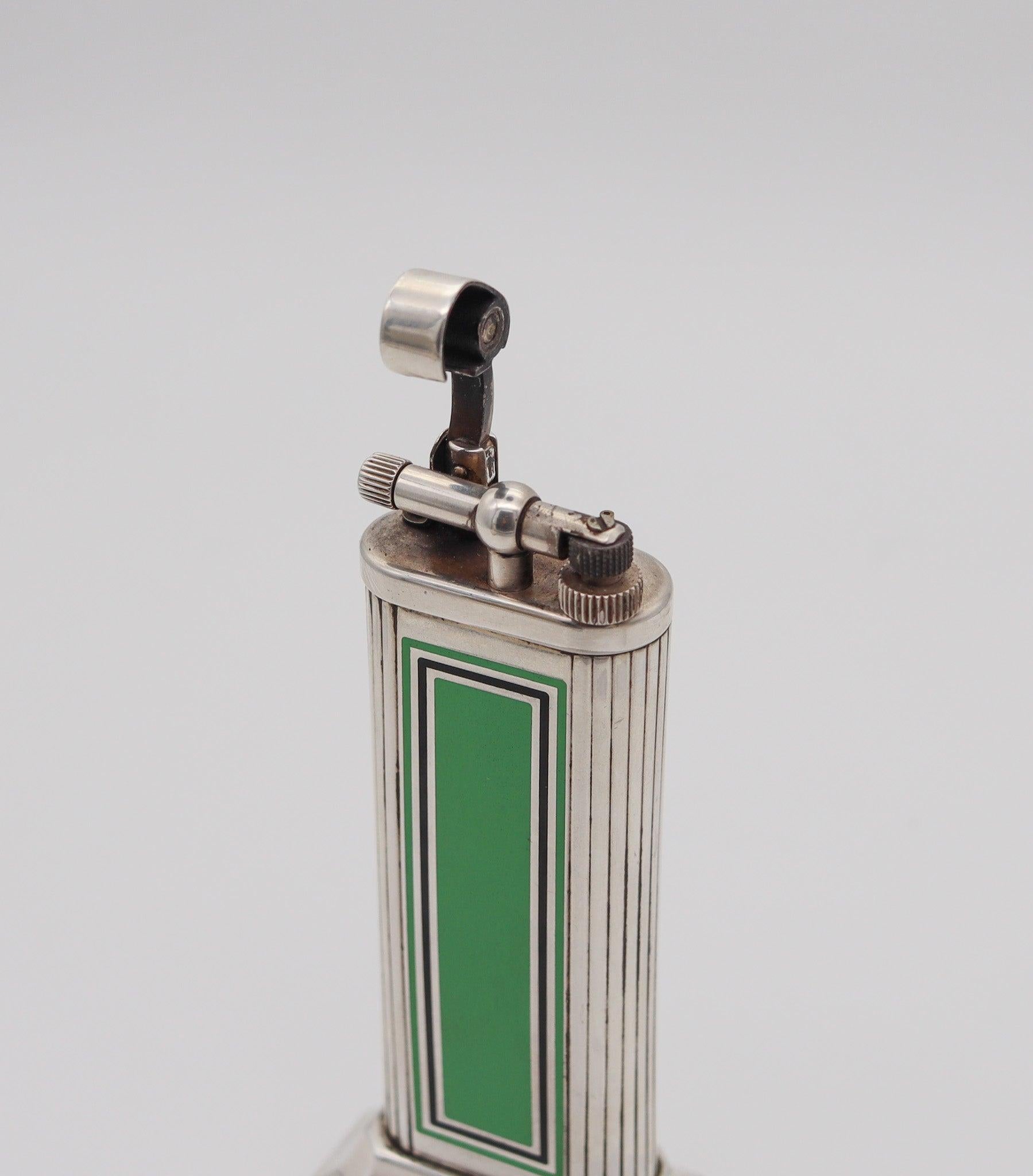 DUNHILL London Art Deco Green & Black Enamel Desk Lighter In 925 Sterling Silver For Sale 2