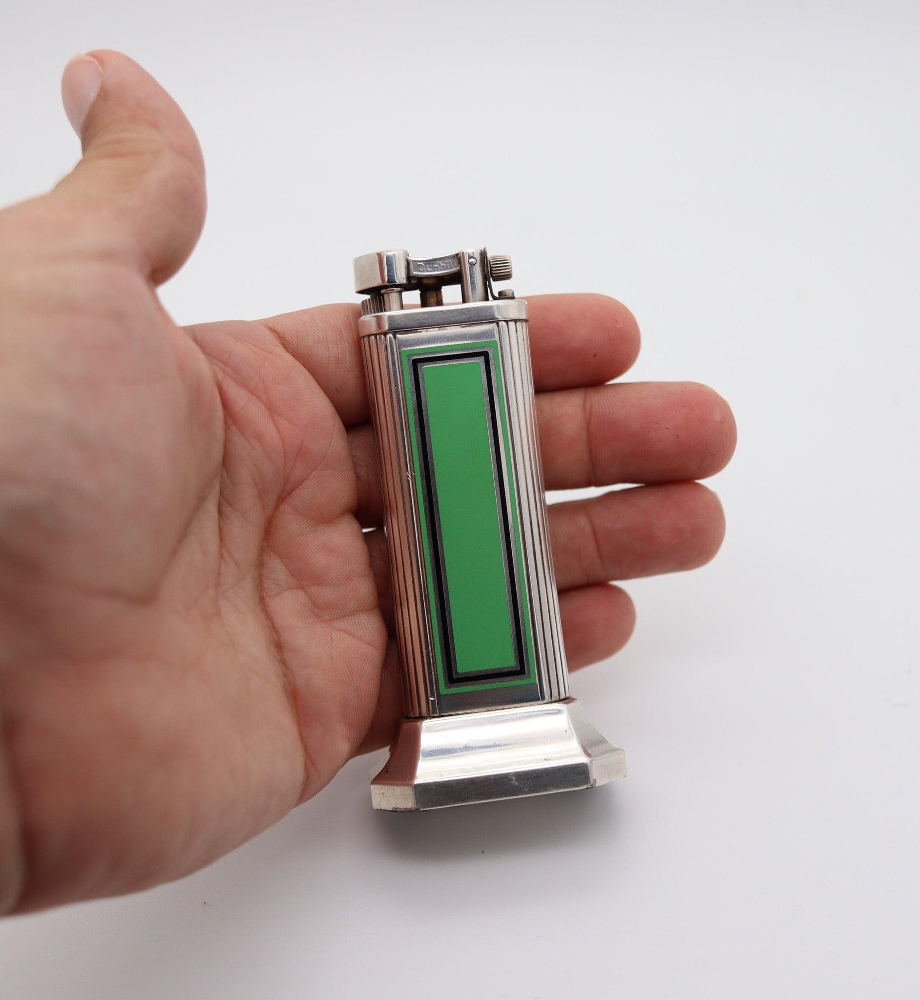 DUNHILL London Art Deco Green & Black Enamel Desk Lighter In 925 Sterling Silver For Sale 3