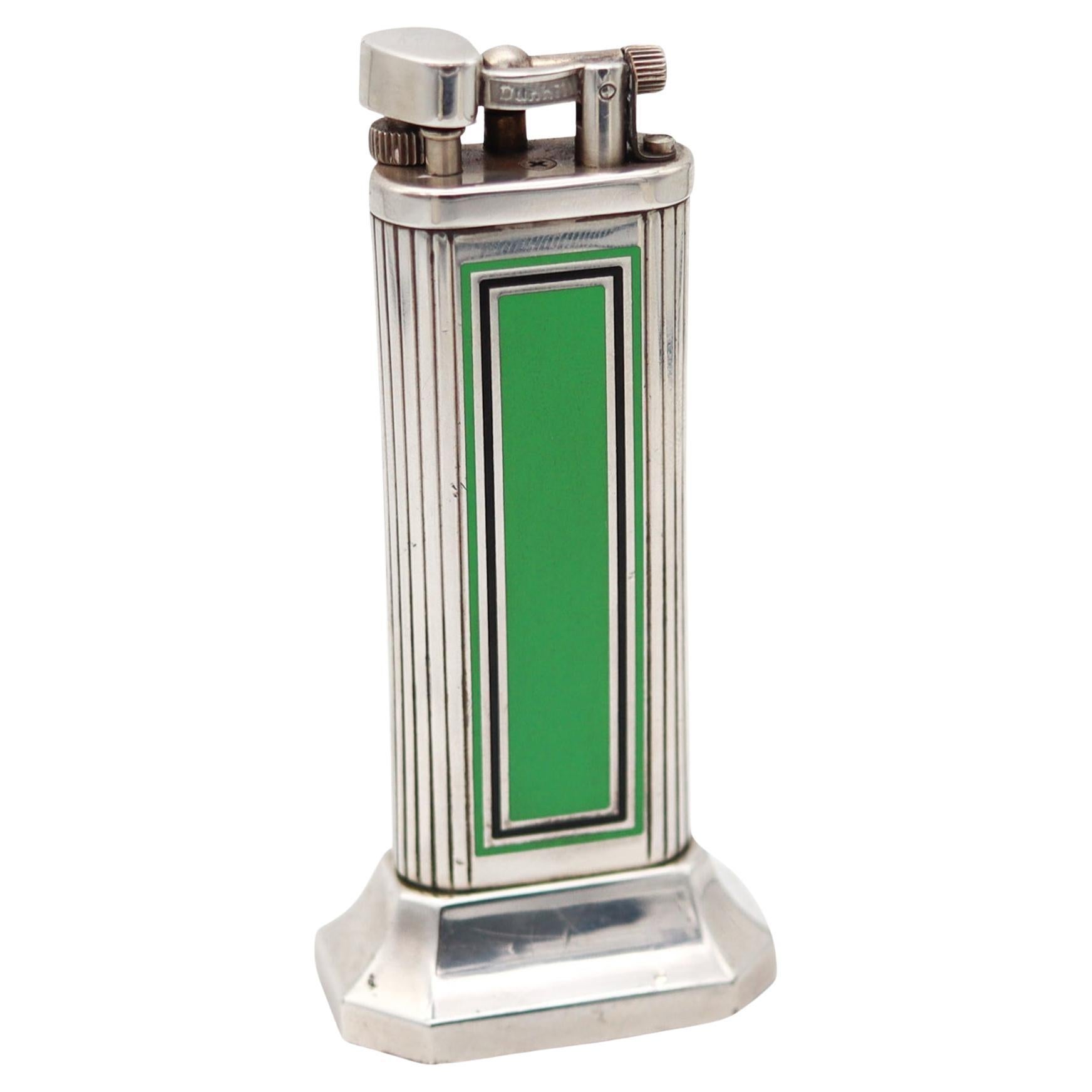DUNHILL London Art Deco-Schreibtischleuchter aus grüner und schwarzer Emaille in 925 Sterlingsilber im Art déco-Stil