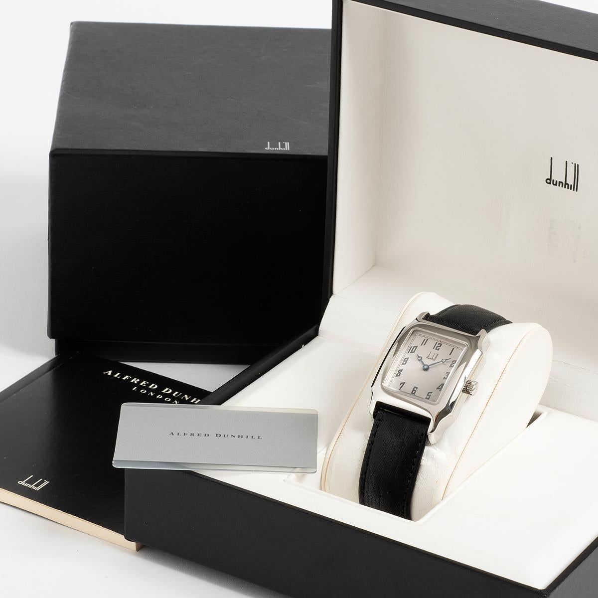 Our Dunhill LTMV art deco style watch was part of the centenary range, launched in 1993 to celebrate 100 years of the Dunhill company. A rare neo vintage quartz dress watch, featuring a stainless steel 28 x 40mm case with very attractive silver/