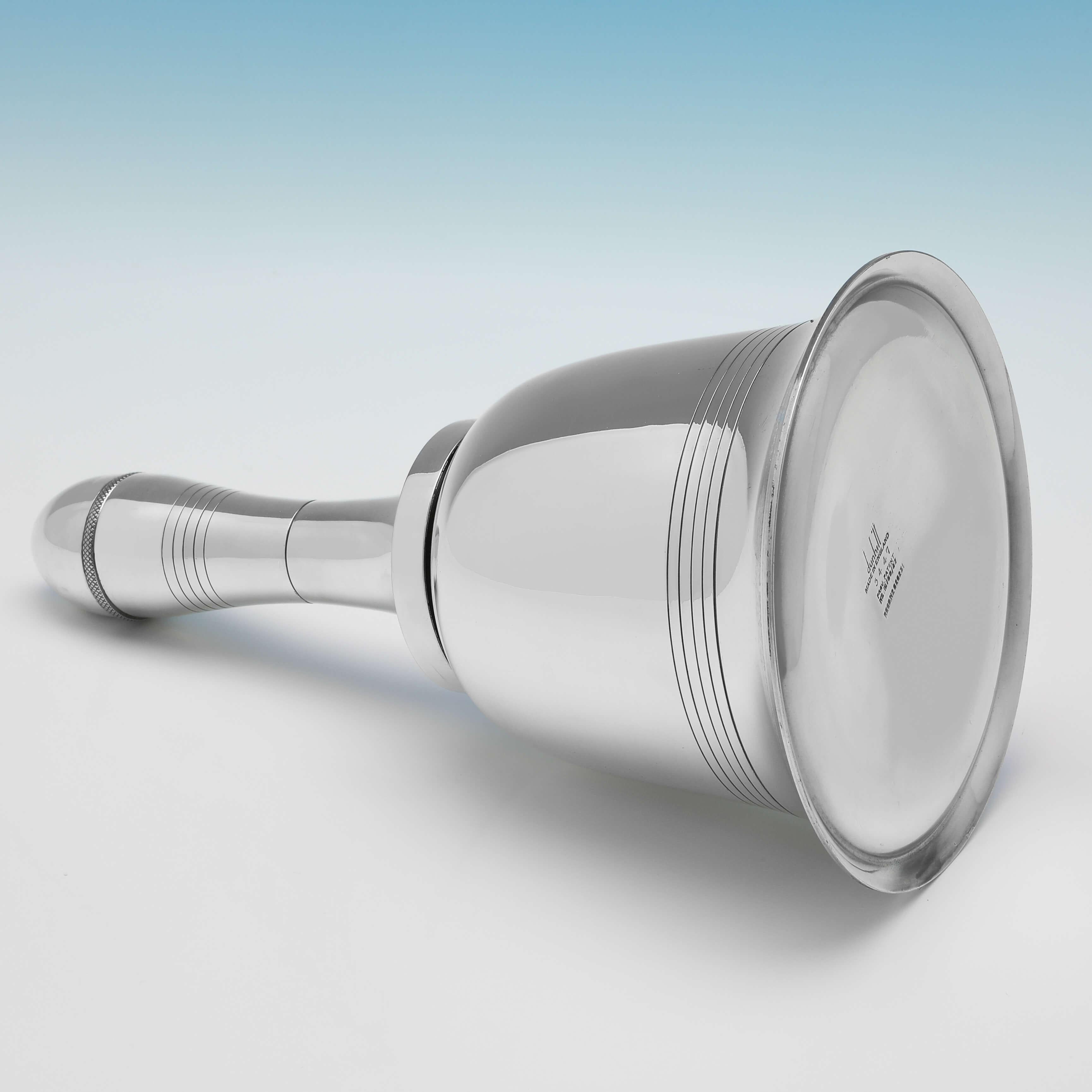 Made circa 1930 by Dunhill, this stylish, novelty, Silver Plate Cocktail Shaker, is modelled as a bell. The cocktail shaker measures 10.75