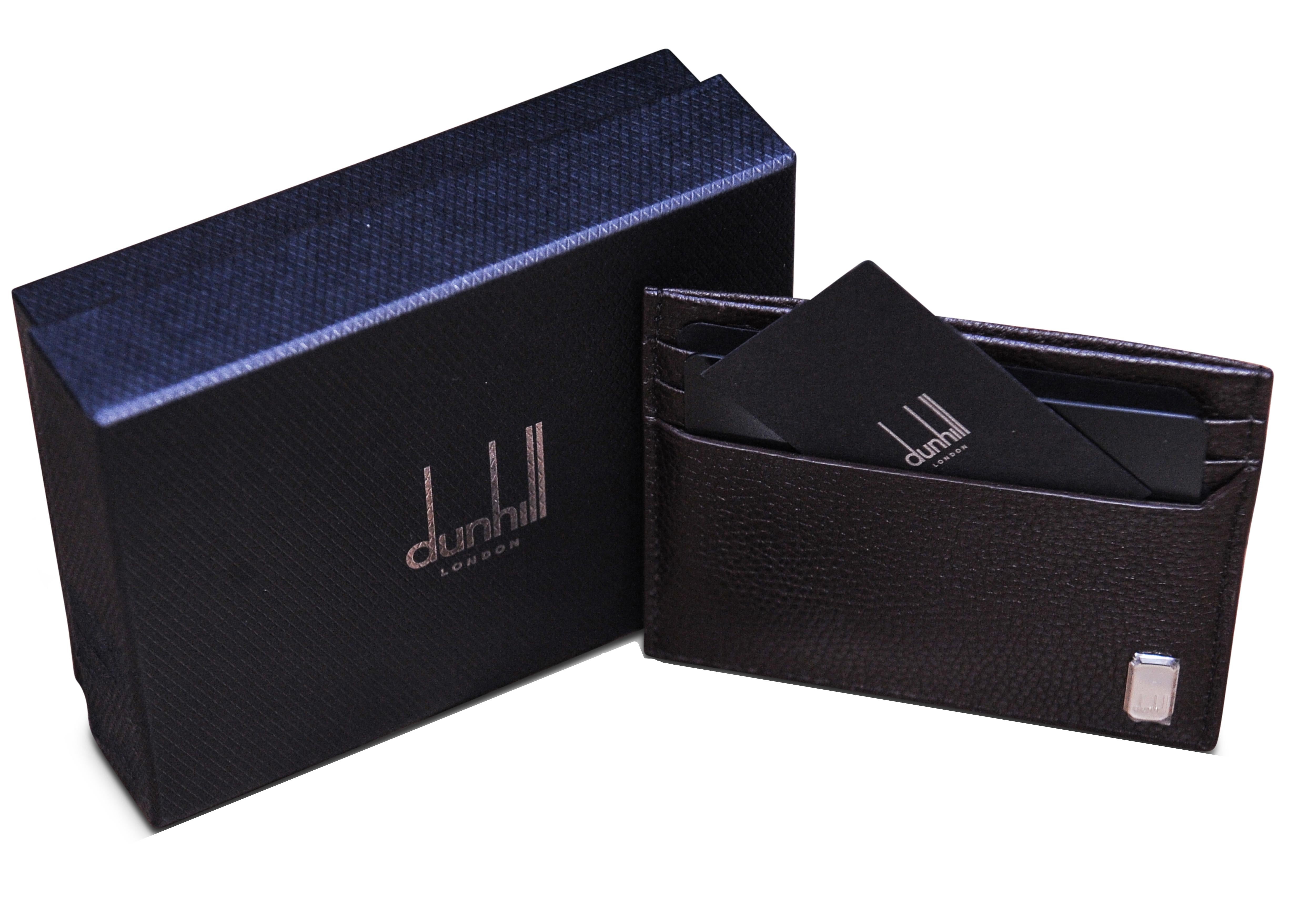 Dunhill of London Brown Belgrave Grained Calf Leather Flat Card Wallet With Steel Engraved Dunhill Logo.

Six card slots, and one centralised pocket. 

Item is complete with black Dunhill Embossed Box & Black Velvet Dust Sheet.
Ideal present.

Made