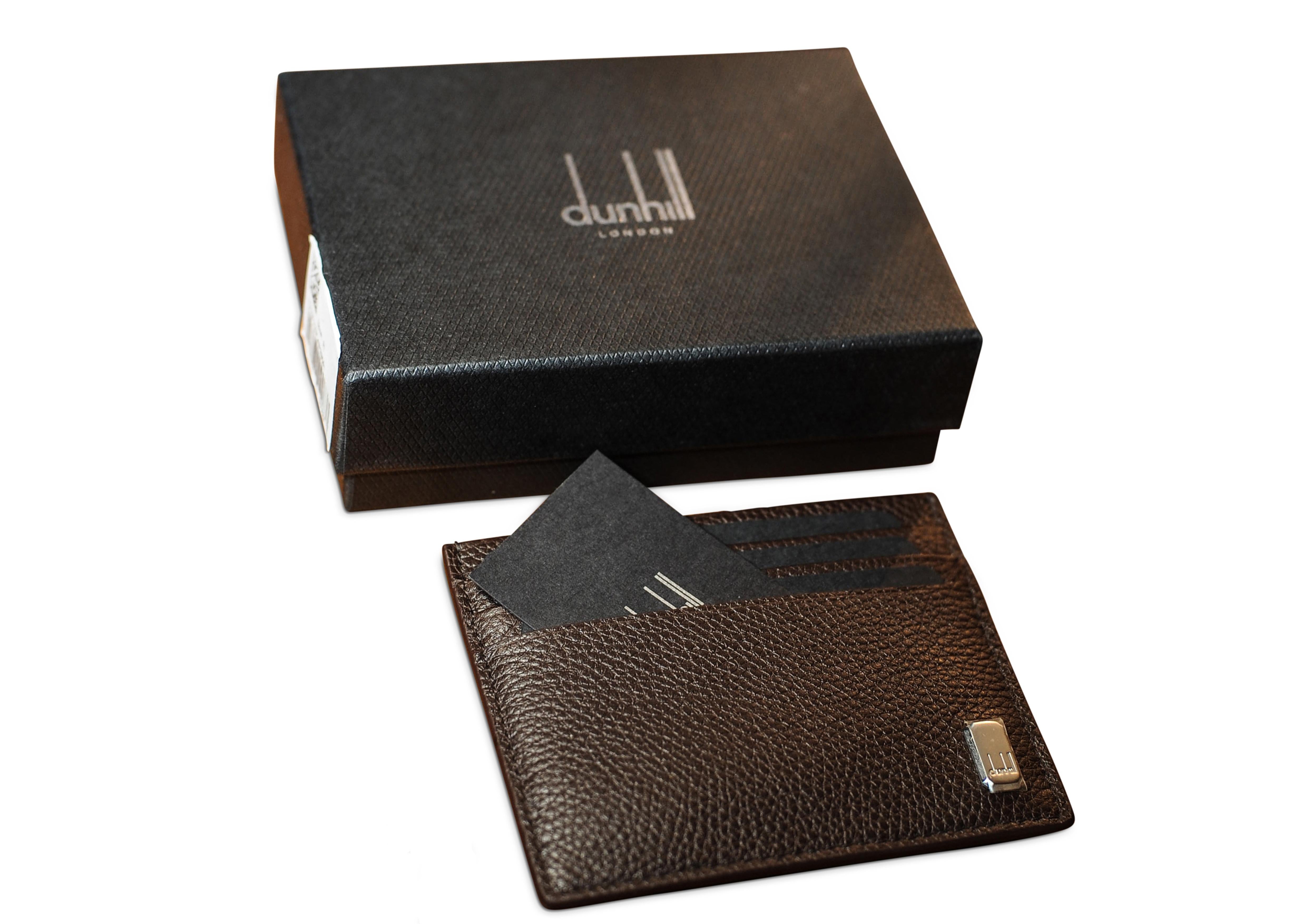 Dunhill of London Brown Genarbtes Leder Flache Karte Brieftasche mit Box & Staubschutzhülle  (Art déco) im Angebot