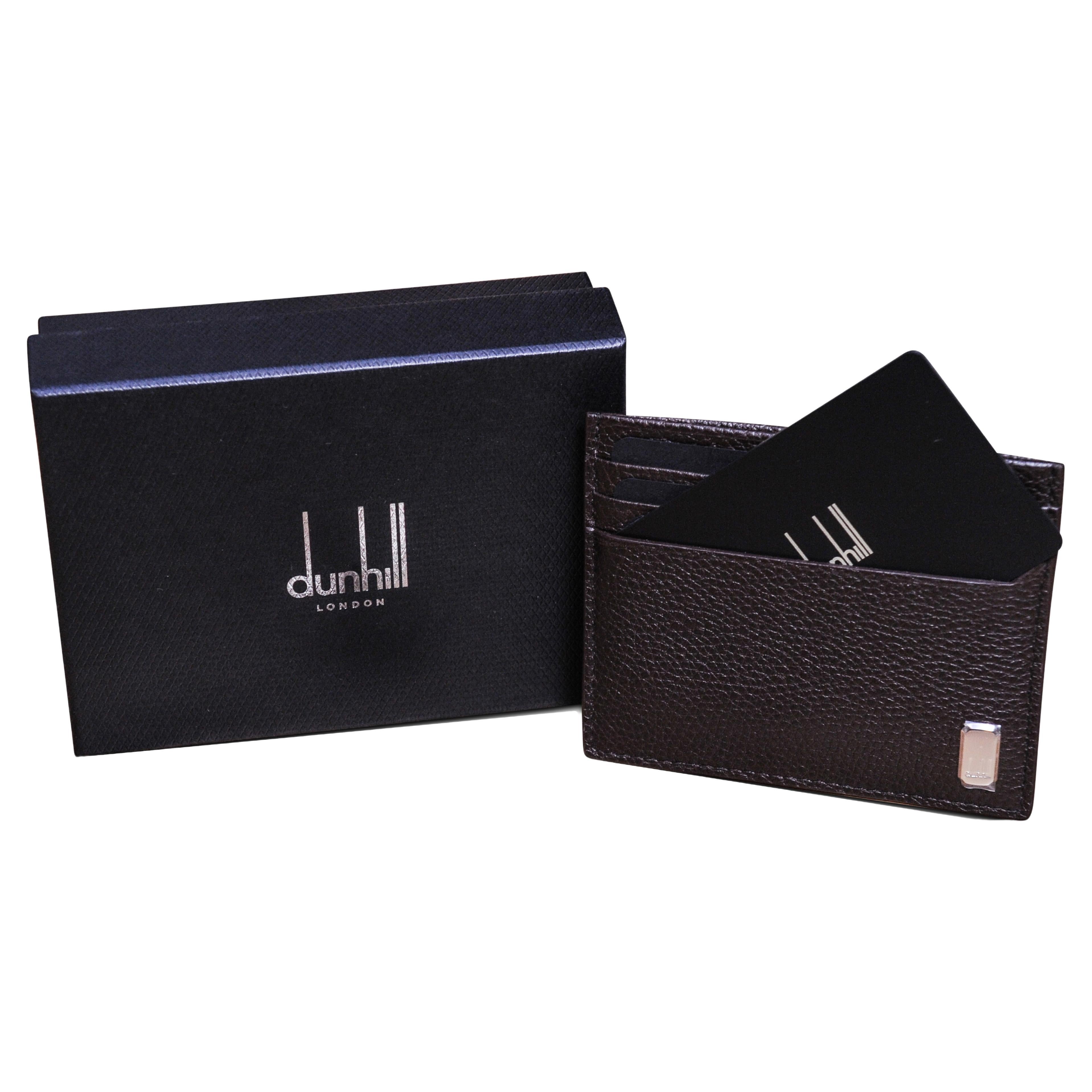 Dunhill of London Brown Genarbtes Leder Flache Karte Brieftasche mit Box & Staubschutzhülle  im Angebot