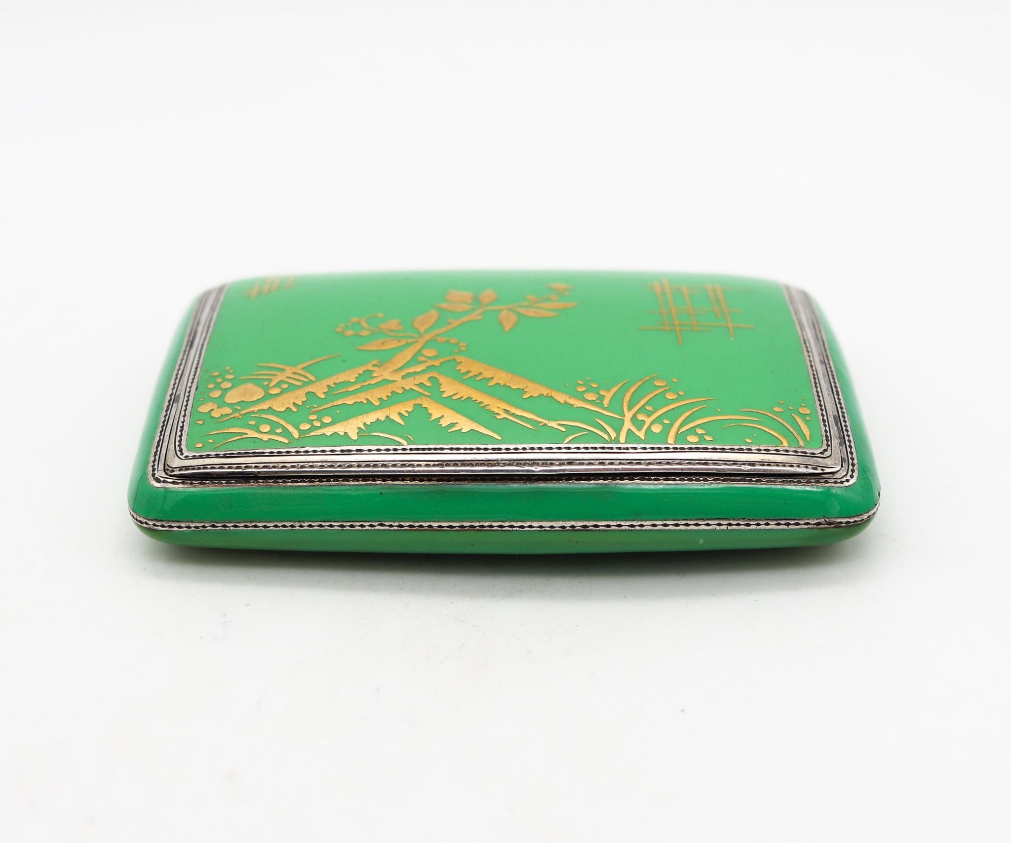 Enameled box by Louis Kuppenheim for Alfred Dunhill. 

An extraordinary rare box, created in the city of Pforzheim Germany during the art deco period, back in the late 1920's. This superb elegant case box is closely to mint condition, designed with