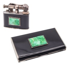 DUNHILL Paris 1930 Enameled Set Of Bijou Lighter & Cigarette Case With Carved