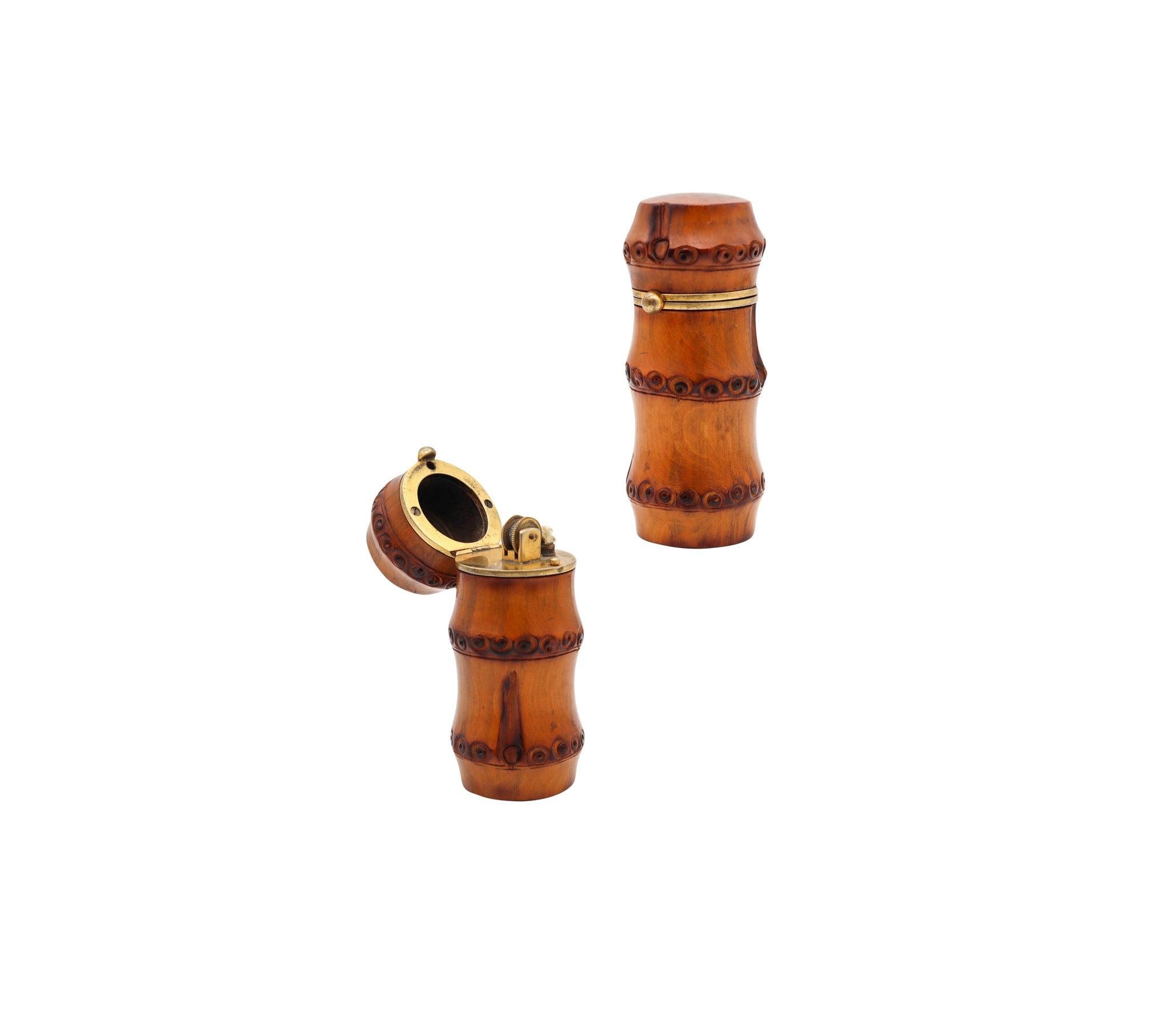 Gold DUNHILL Paris 1934 Art Deco Carved Bamboo Petrol Desk Lighter For Sale