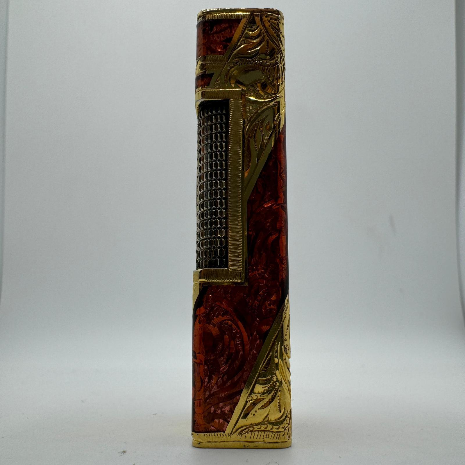 Dunhill Rare Royking Lighter, 18k Gold Plating & Enamel Inlay In Original Case In Excellent Condition For Sale In New York, NY