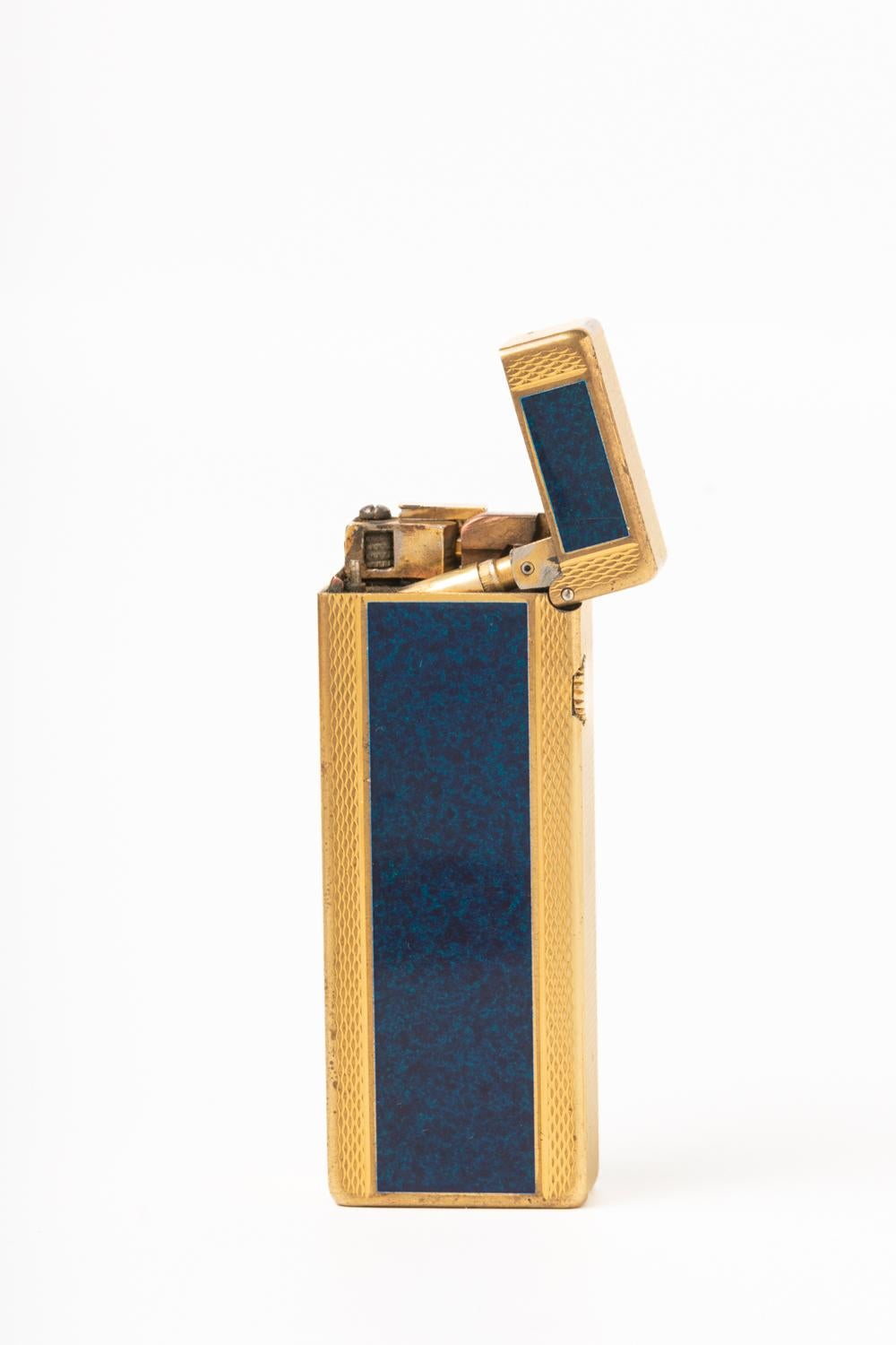 Dunhill Rollagas Lighter Gold Plated Blue Lacquer In Good Condition In Portland, GB