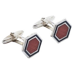 Dunhill Silver Hexagon Orange Honeycomb Enamel Cufflinks