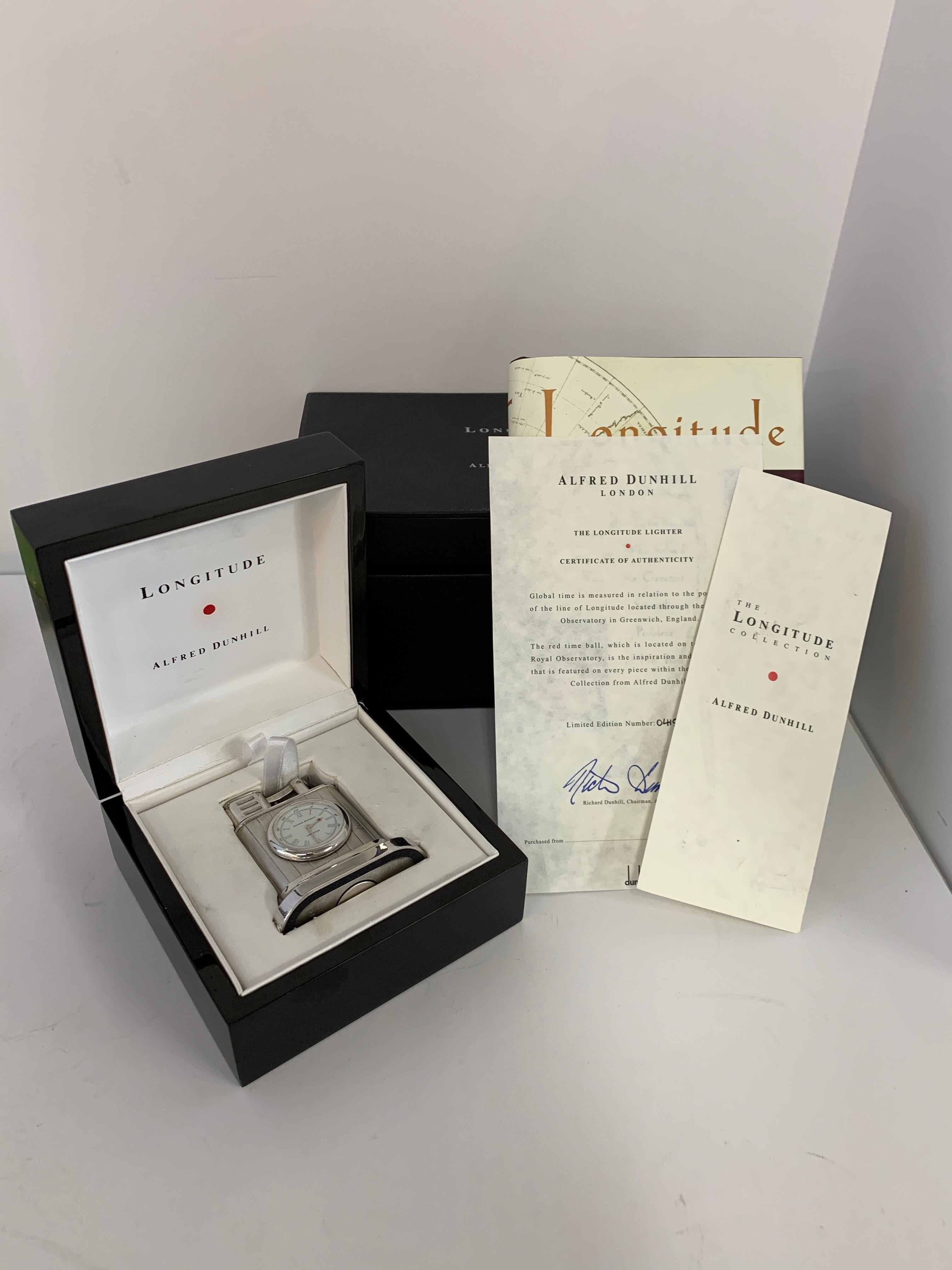 Dunhill limited edition silver plated lighter with a recessed clock called a Longitude. In its original box with all the paperwork as far as I can tell. it is number 415 out of 1300. Someone scratched the front of the lighter trying to remove the