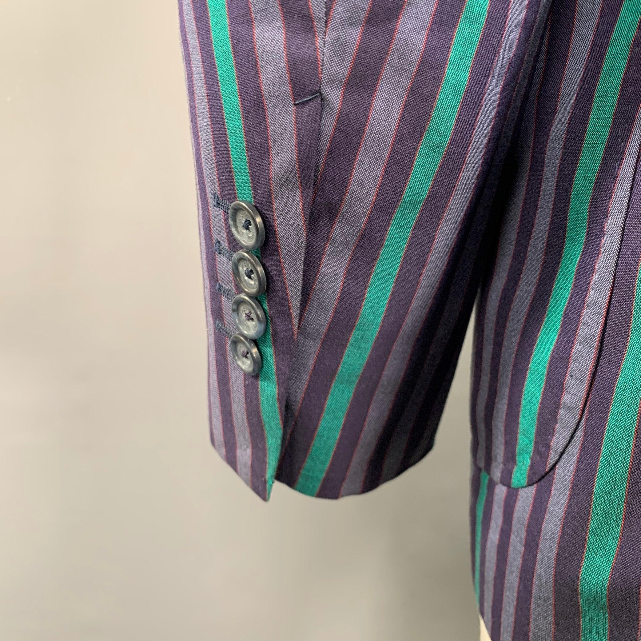 Men's DUNHILL Size 42 Purple Green Stripe Cotton Single Breasted Sport Coat