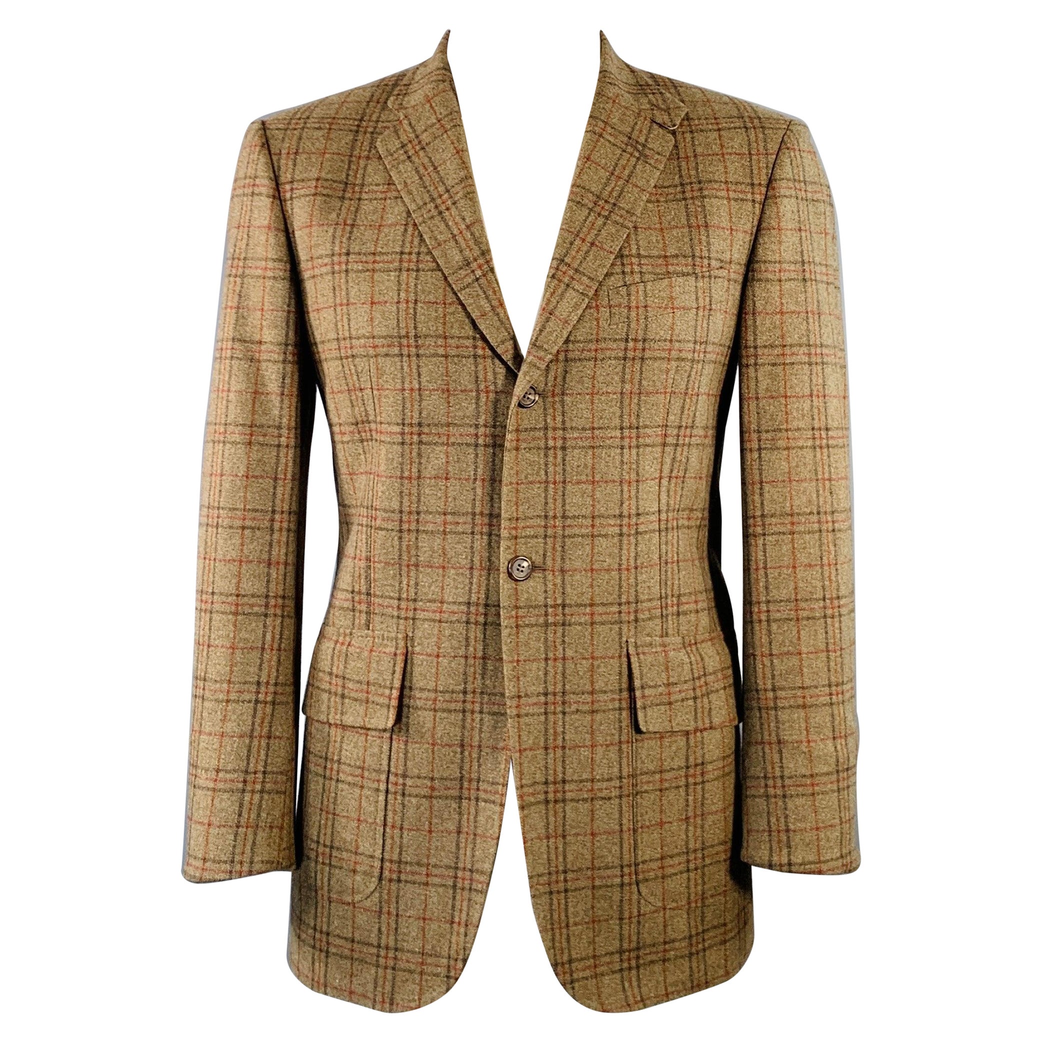 DUNHILL Size 42 Tan Red Plaid Wool Cashmere Notch Lapel Sport Coat