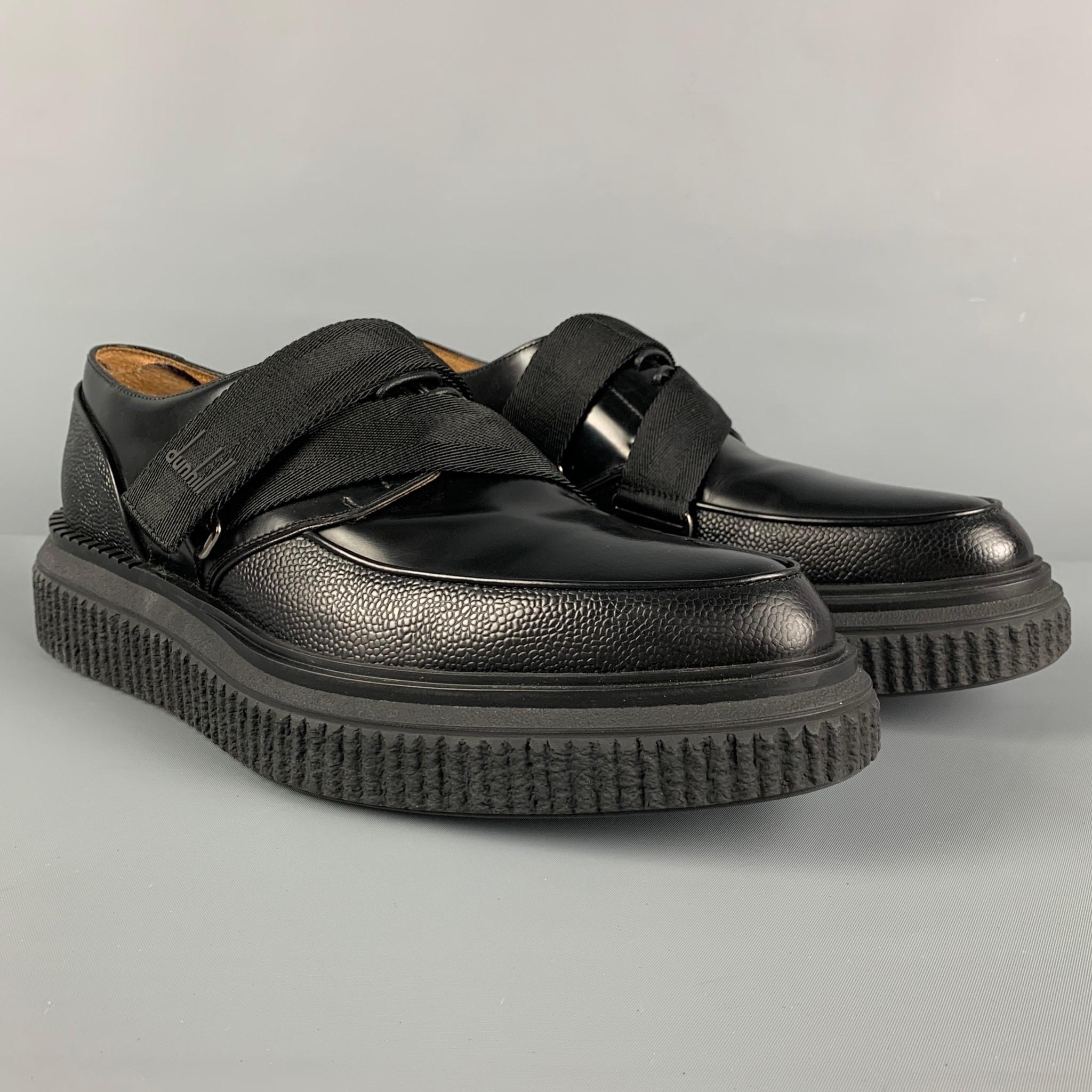 DUNHILL lace up shoes comes in a black leather featuring a creeper style, pointed toe, hook & loop detail, rubber sole, and a lace up closure. Made in Italy. 

New With Box.
Marked: 42
Original Retail price: $895.00

Outsole: 12.5 in. x 4.5 in. 
