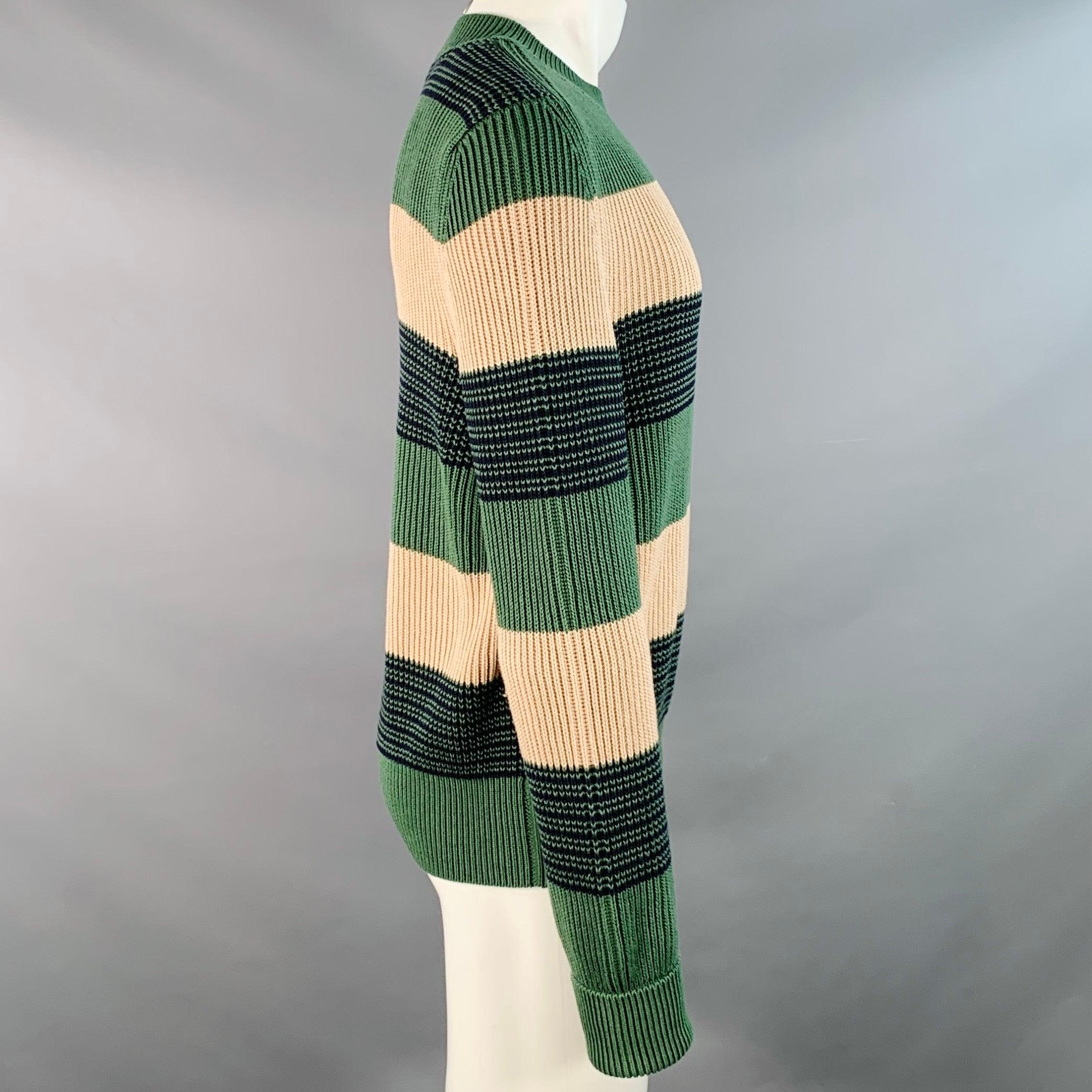 Noir Dunhill Size M Green Beige Stripe Cotton Crew Neck Sweater (Pull à col ras du cou en coton) en vente