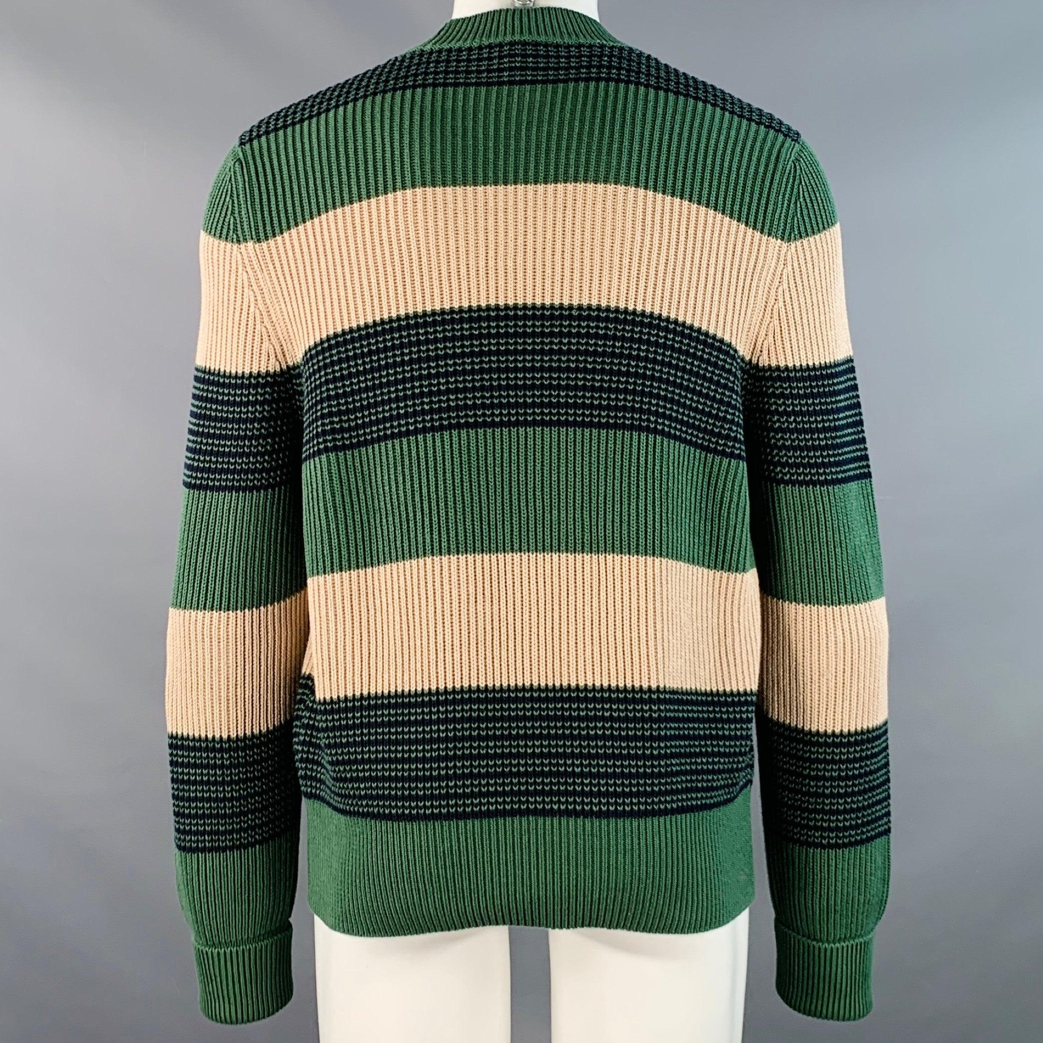 Dunhill Size M Green Beige Stripe Cotton Crew Neck Sweater (Pull à col ras du cou en coton) Bon état - En vente à San Francisco, CA