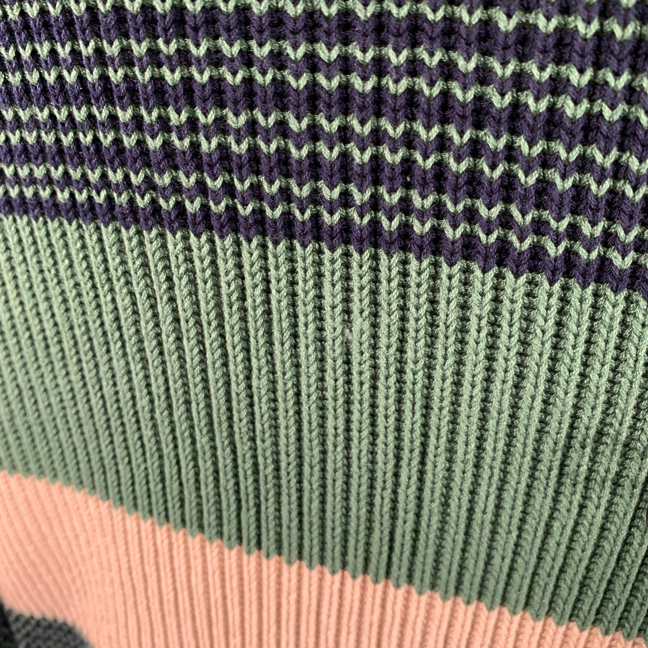 Dunhill Size M Green Beige Stripe Cotton Crew Neck Sweater (Pull à col ras du cou en coton) en vente 1
