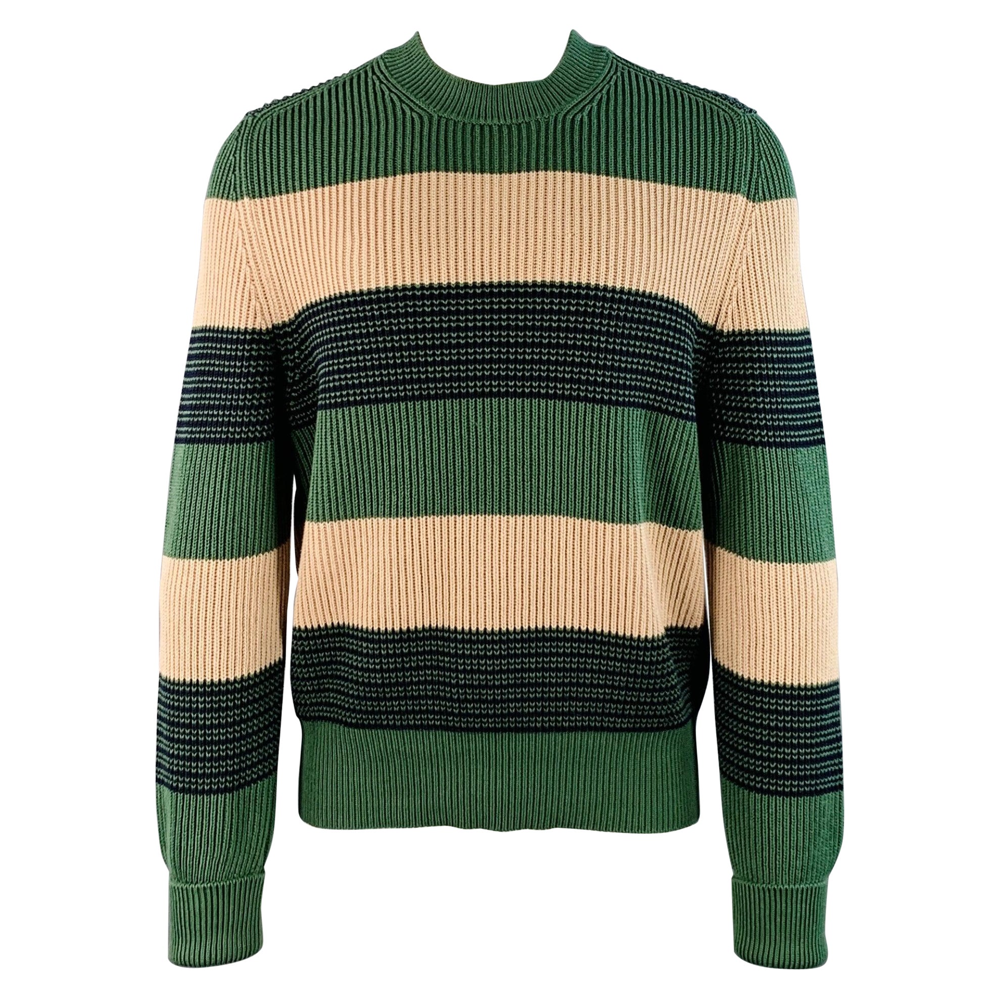 Dunhill Size M Green Beige Stripe Cotton Crew Neck Sweater (Pull à col ras du cou en coton) en vente