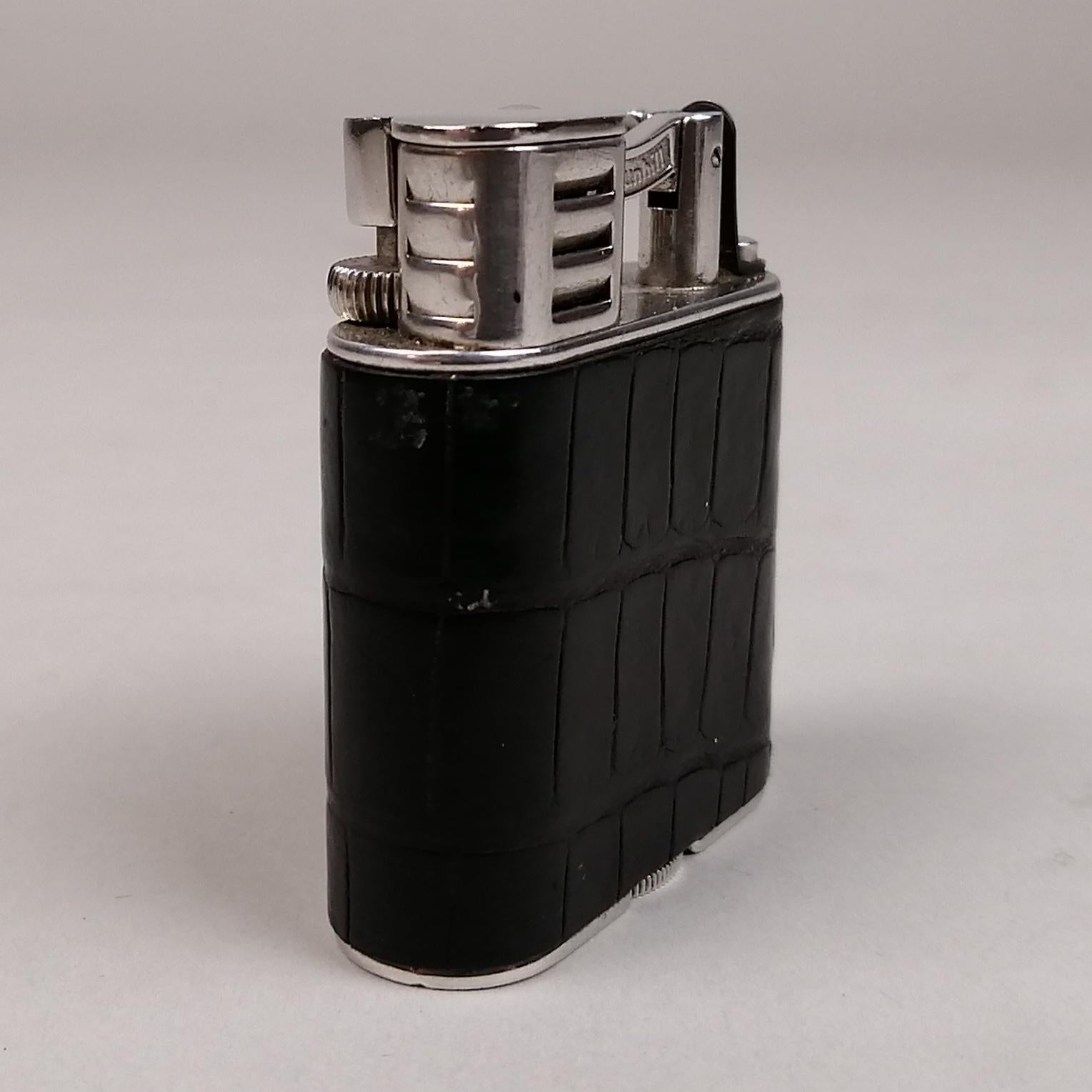 Art Deco Dunhill Steel and Black Crocodile Leather Unique Sports Lighter For Sale