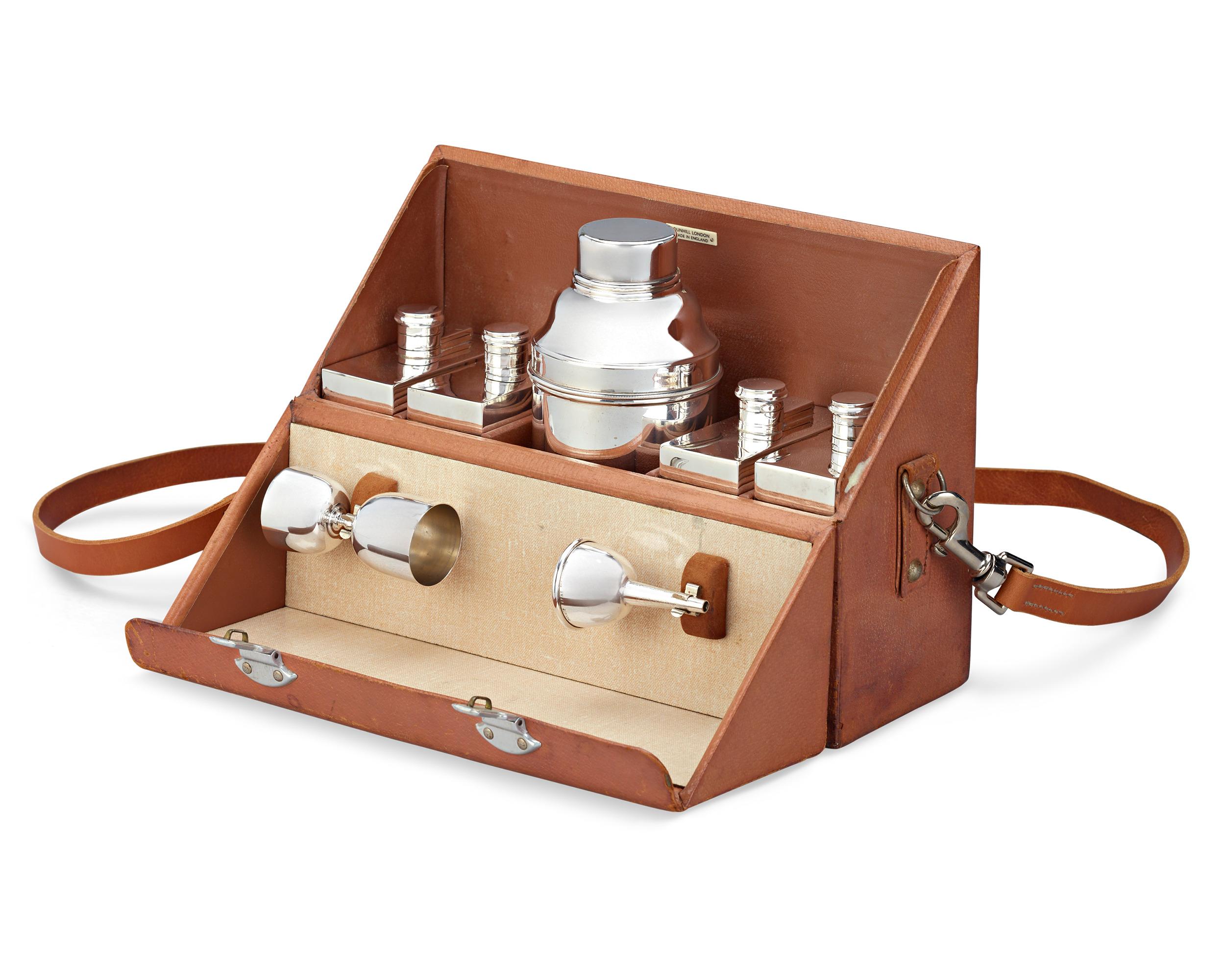 This complete traveling cocktail set by P. H. Vogel & Co. for Alfred Dunhill is both a rare and nostalgic reminder of the glamorous days when the cocktail reigned supreme. Crafted from electroplated nickel silver, it features everything needed to