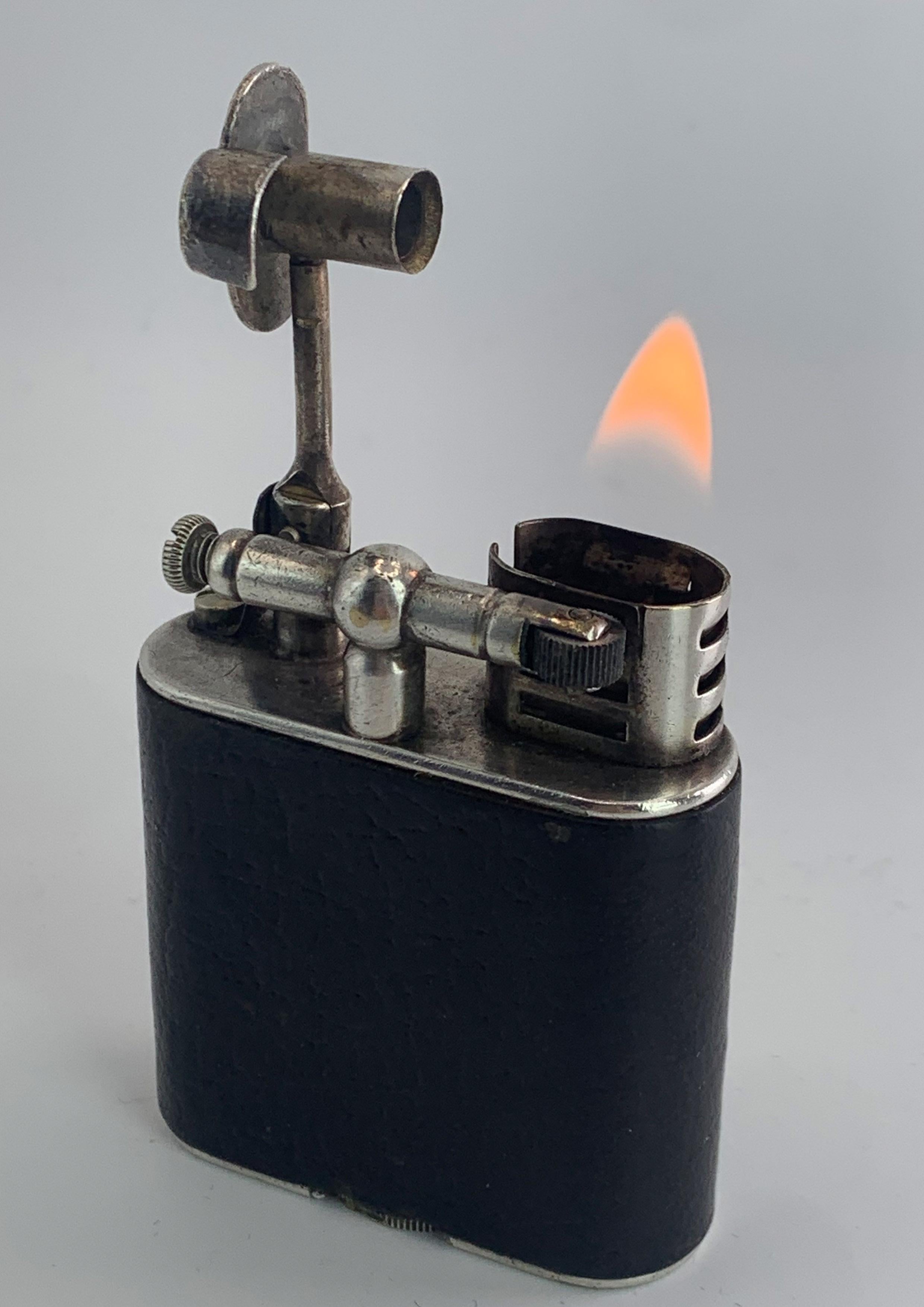 Dunhill Unique Sports Lighter, Black Leather, Art Deco, Swiss Made