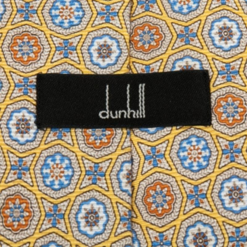 Jaune Dunhill Cravate en soie jaune à motif floral en vente