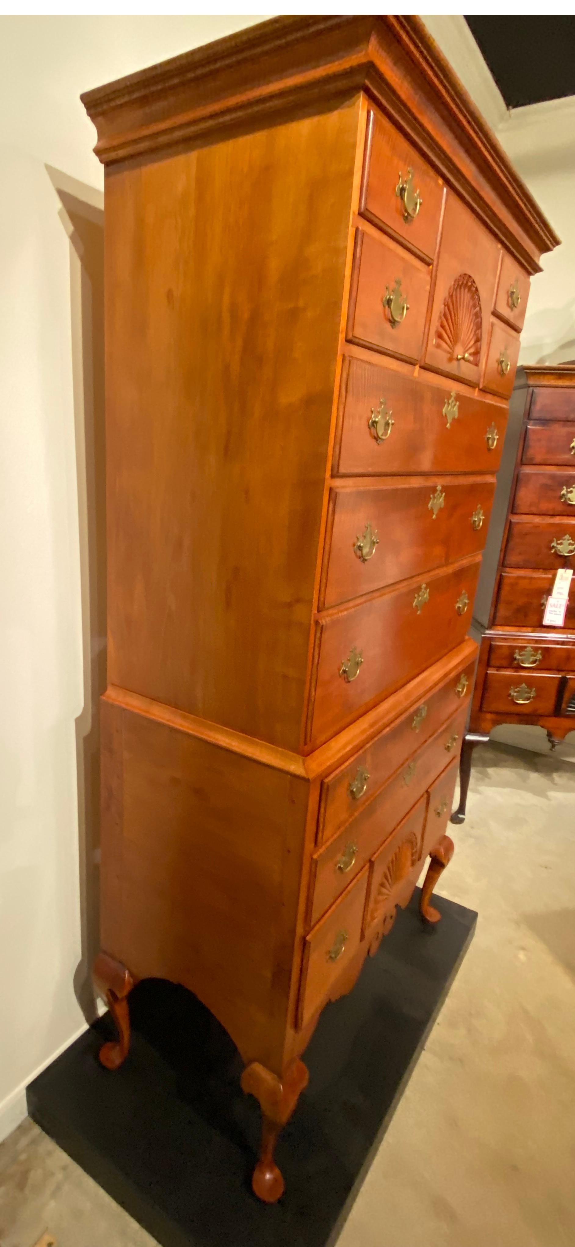 Dunlap Style Two Part Tiger Maple Highboy with Radial Fan Carvings In Good Condition In Milford, NH