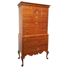 Dunlap Style Two Part Tiger Maple Highboy with Radial Fan Carvings