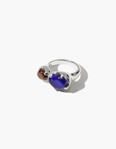 Duo Beam Ring in 925 Sterling Silver & Blue Ocean and Brown Amber Stones by CLED
