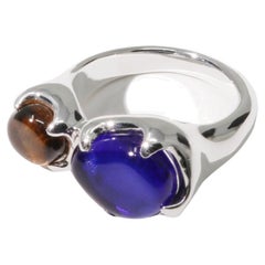 Duo Beam Ring in 925 Sterling Silver & Blue Ocean and Brown Amber Stones by CLED