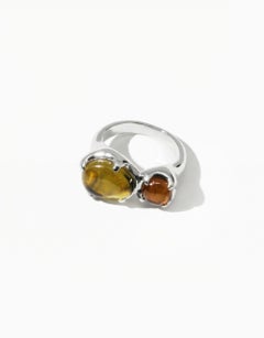 Duo Beam Ring in Sterling Silver & Light Olive and Brown Amber Stones by CLED