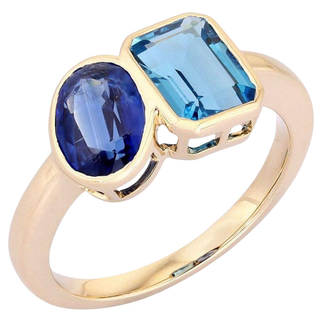1.82ct Blue Topaz, Kyanite & Diamond 14K Yellow Gold Dome Ring