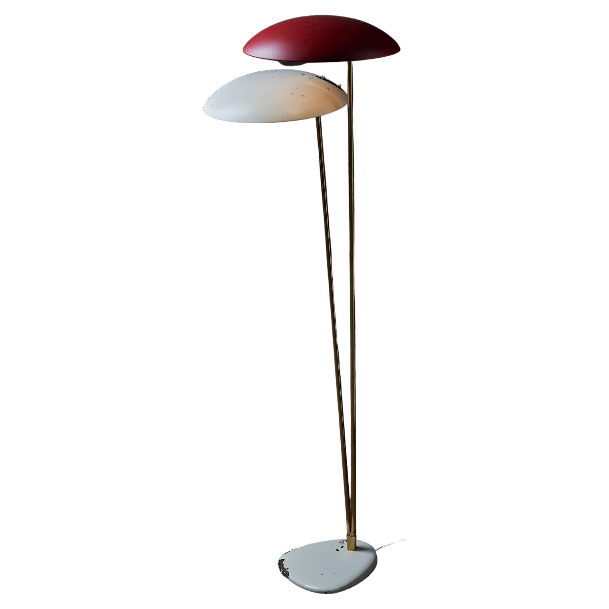 Duo Brass Stem With Coloured Shades Floor Lamp For Sale