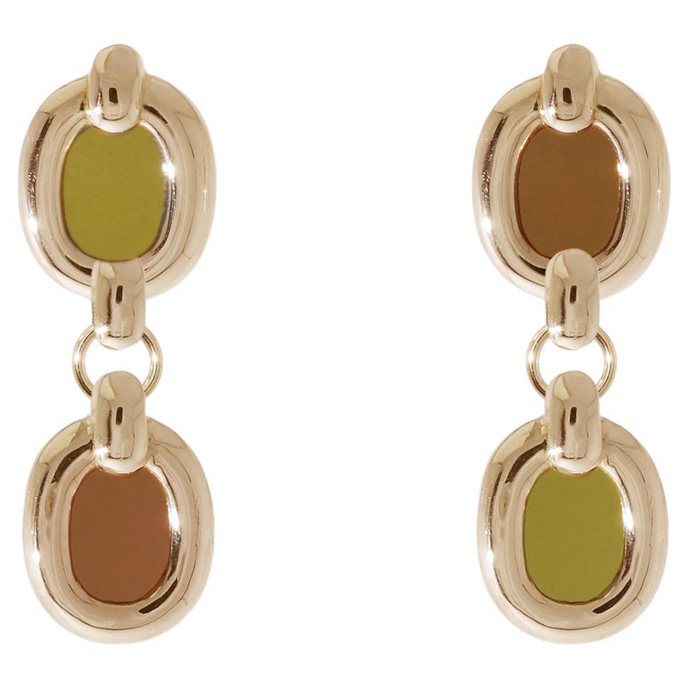 Duo Core Loop Earrings in 925 Sterling Silver & Amber and Olive Stones by CLED For Sale