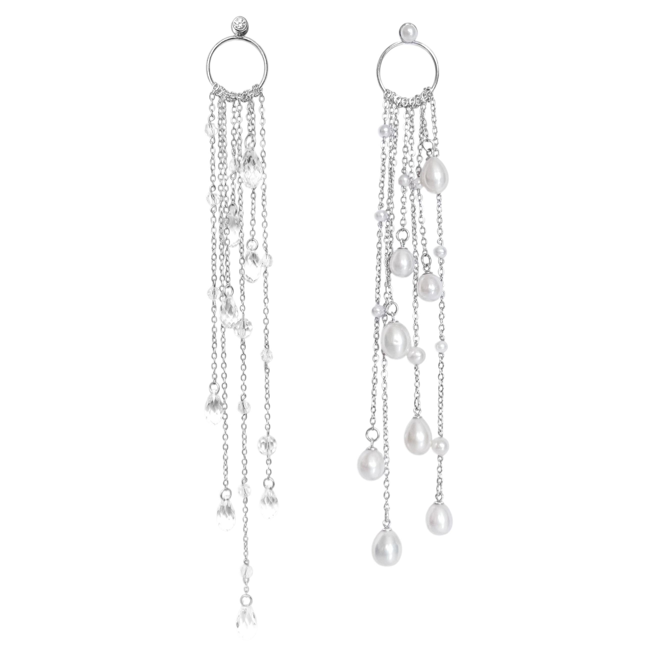 Duo De Larmes Earrings in Silver, Zirconia, Freshwater Pearls & Crystals by O Sh