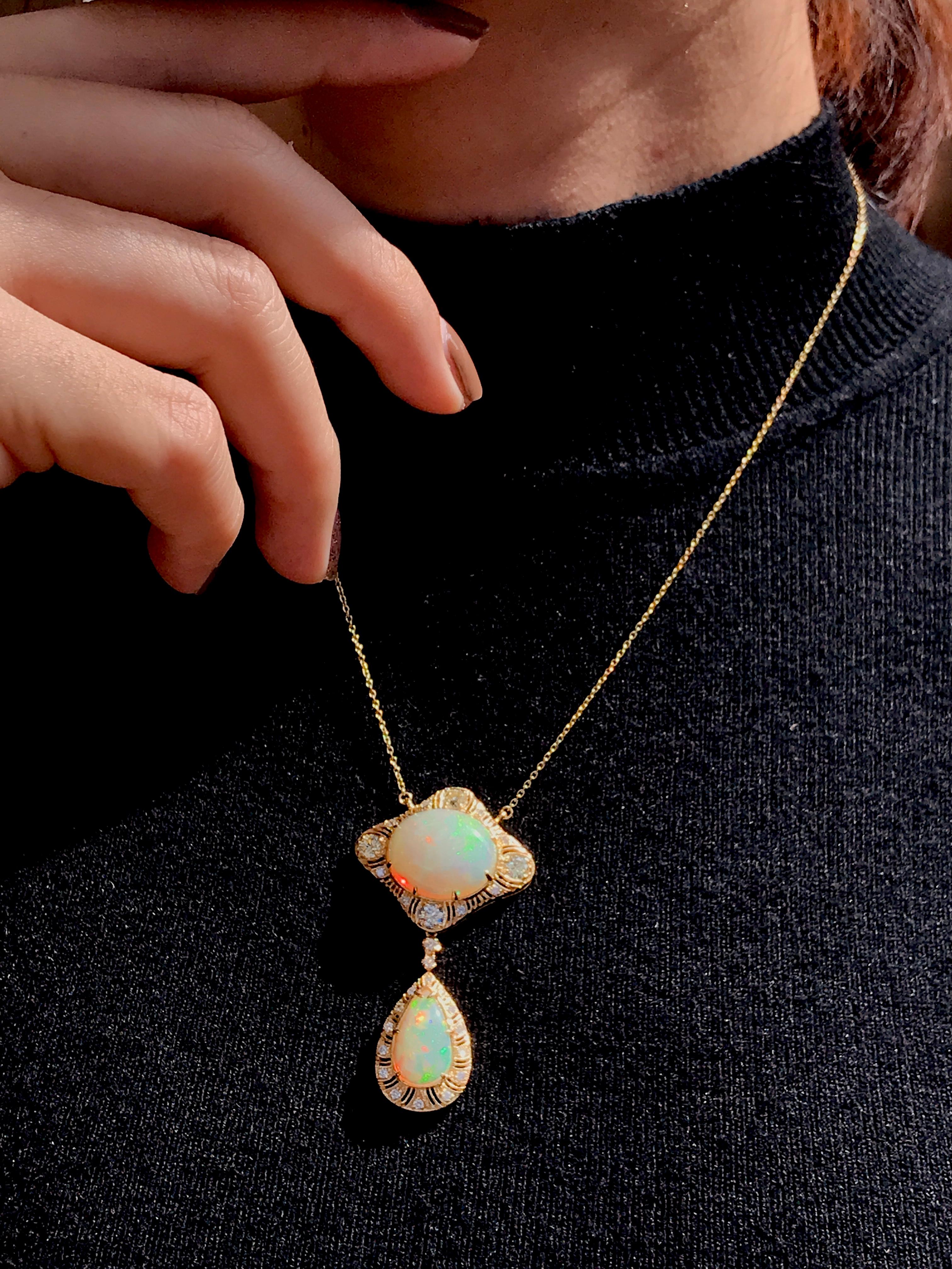 Duo Ethiopian Opal and Diamond Necklace in 18K Yellow Gold For Sale 1