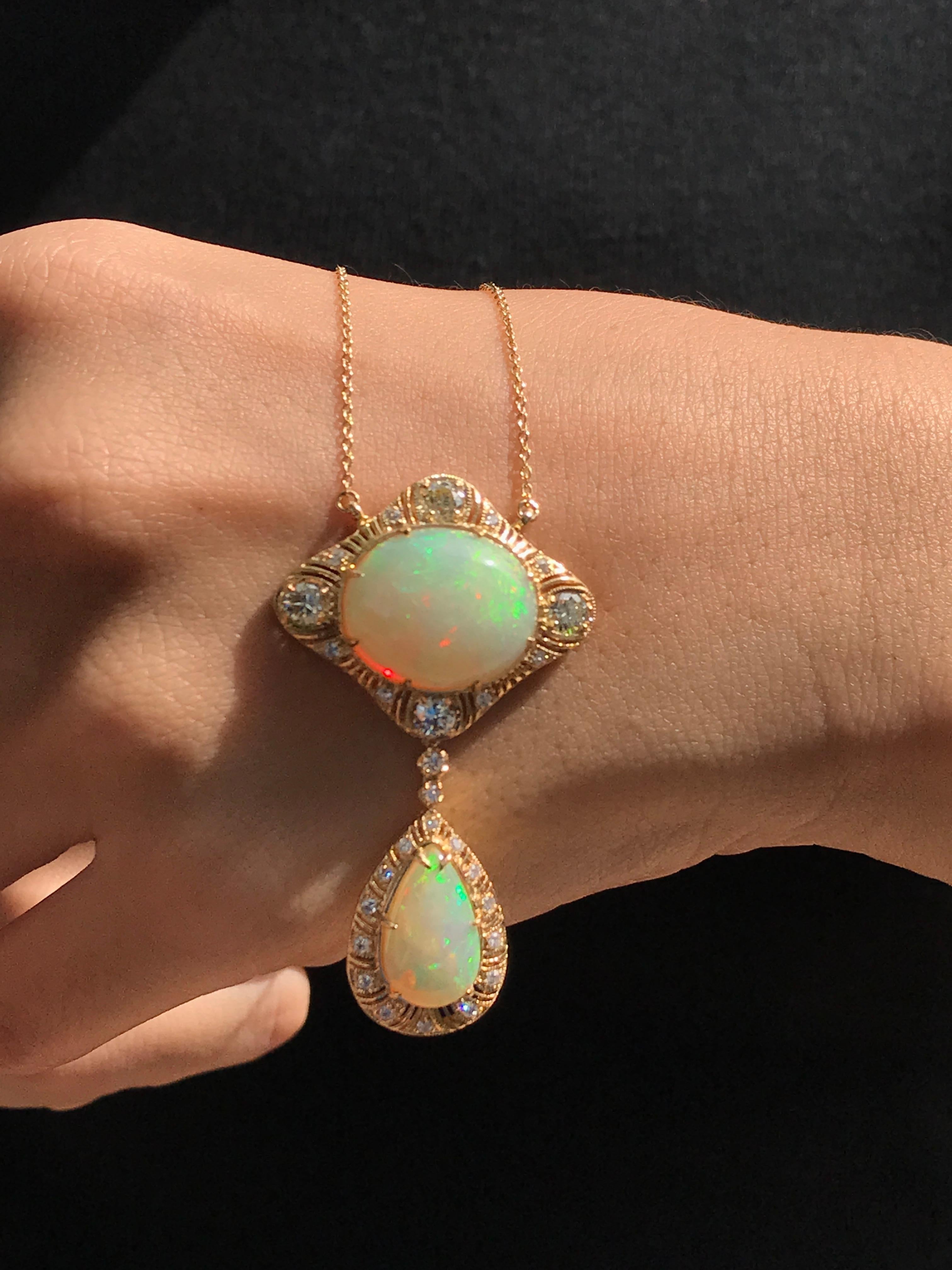 Duo Ethiopian Opal and Diamond Necklace in 18K Yellow Gold For Sale 2