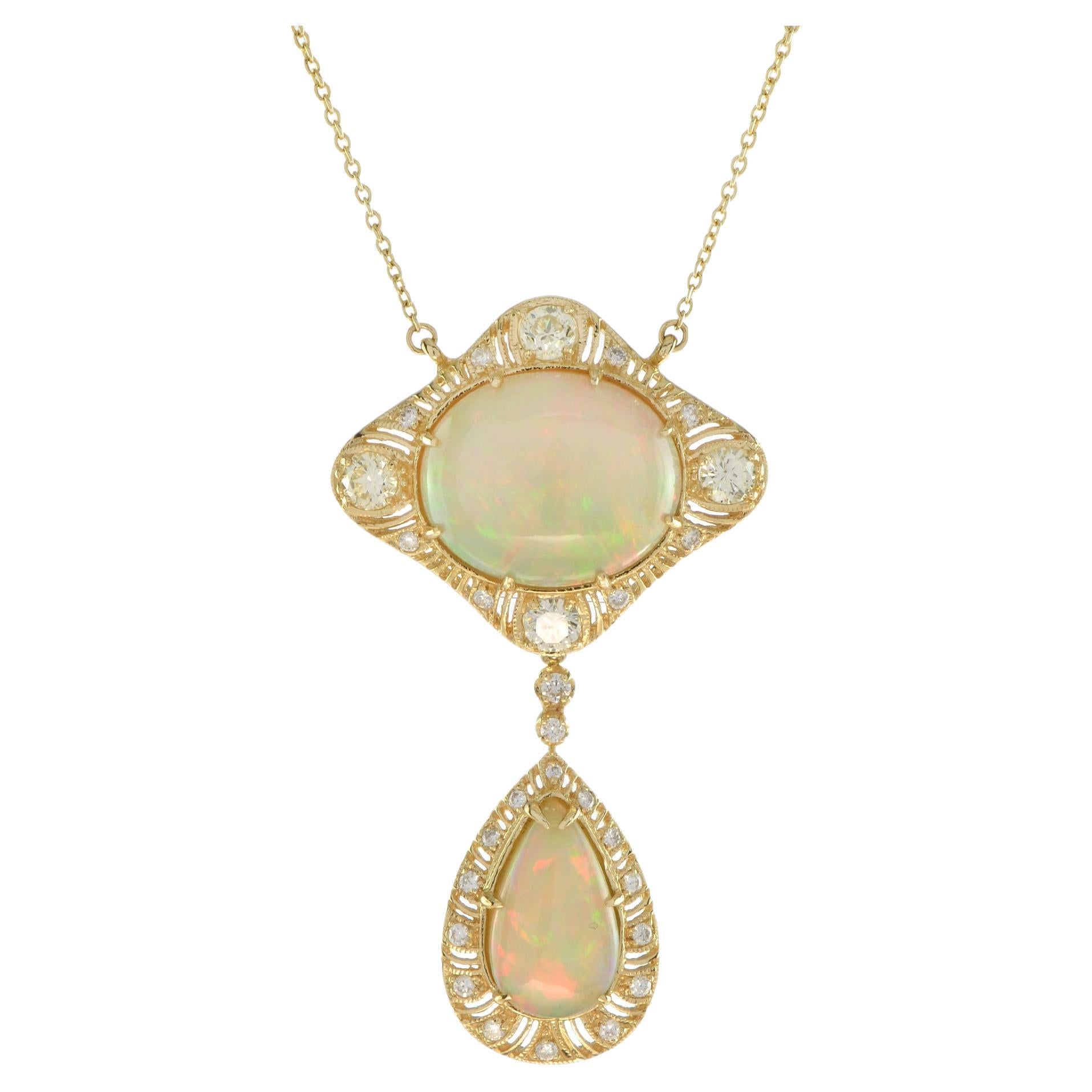 Duo Ethiopian Opal and Diamond Necklace in 18K Yellow Gold