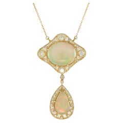 Duo Ethiopian Opal and Diamond Necklace in 18K Yellow Gold